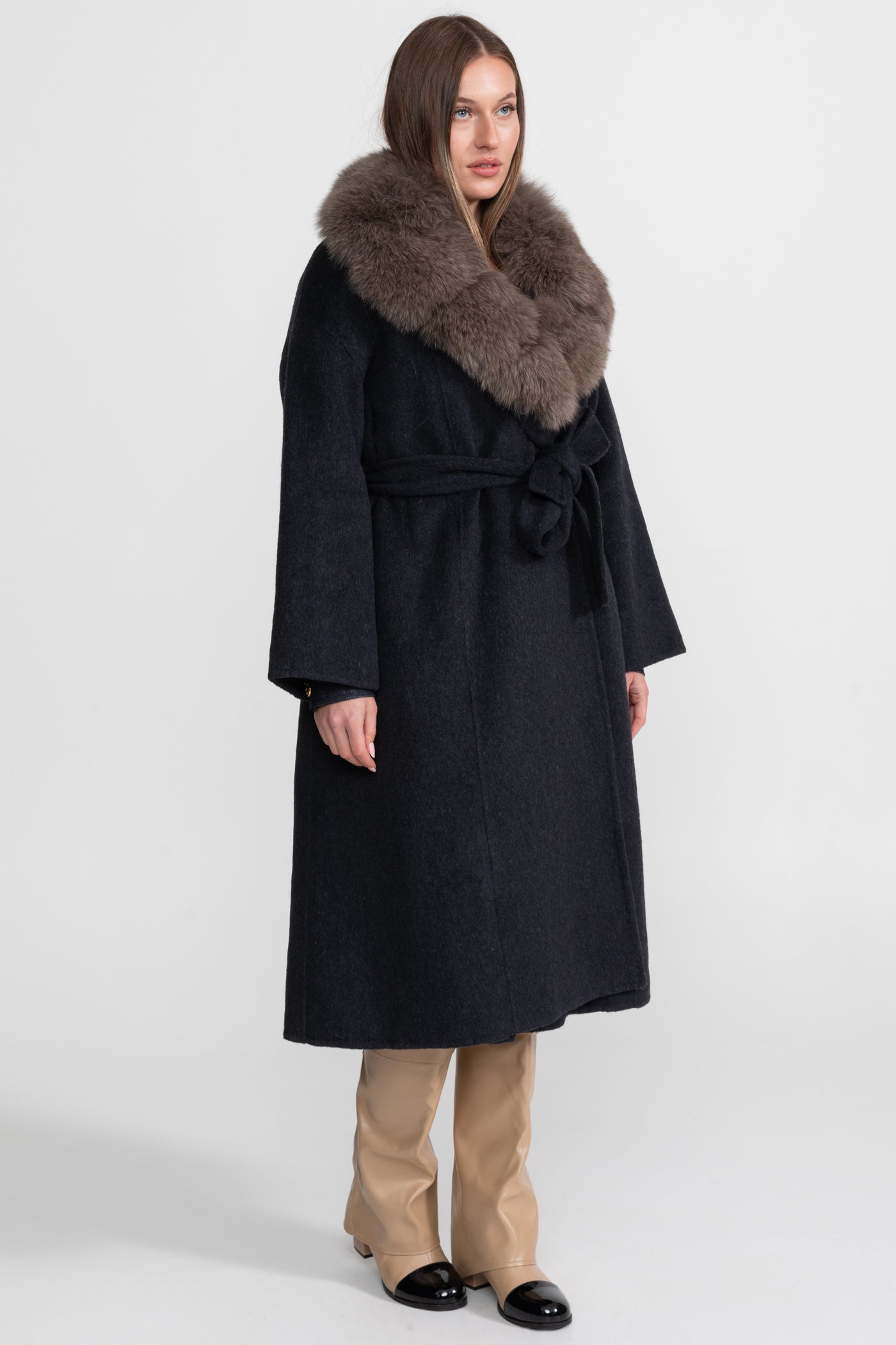 Wool Wrap Coat with Fox Fur Collar And Tie Belt – Black/Brown