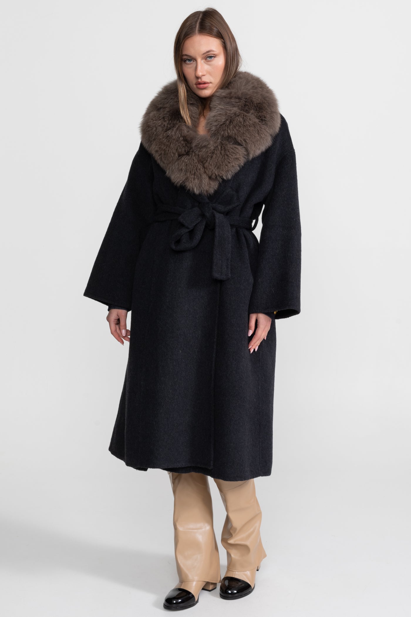 Wool Wrap Coat with Fox Fur Collar And Tie Belt – Black/Brown