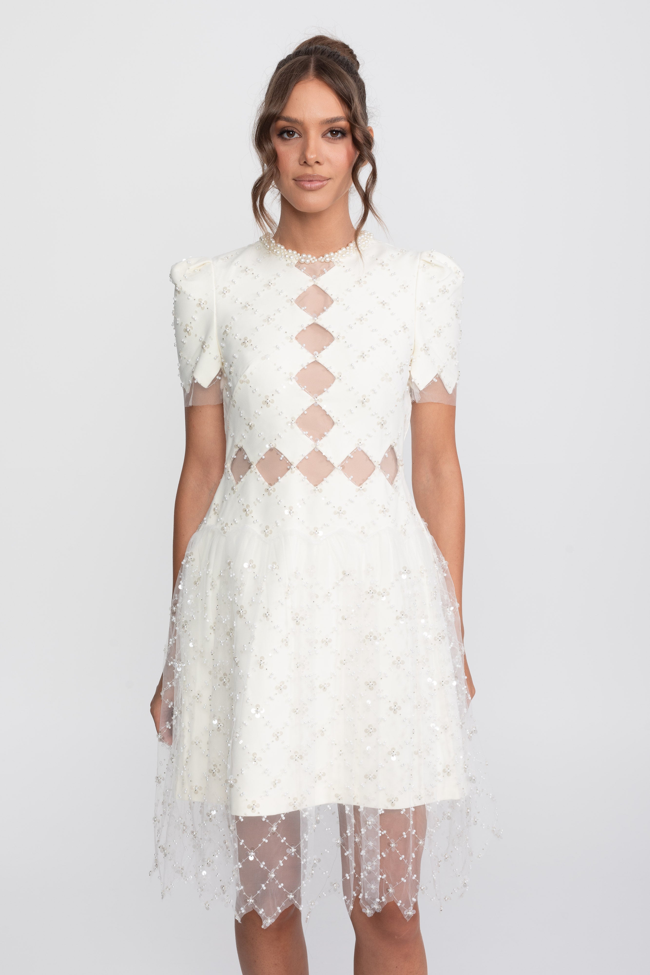 Diamond Cut-Out Beaded Dress With Pearl Trim - White