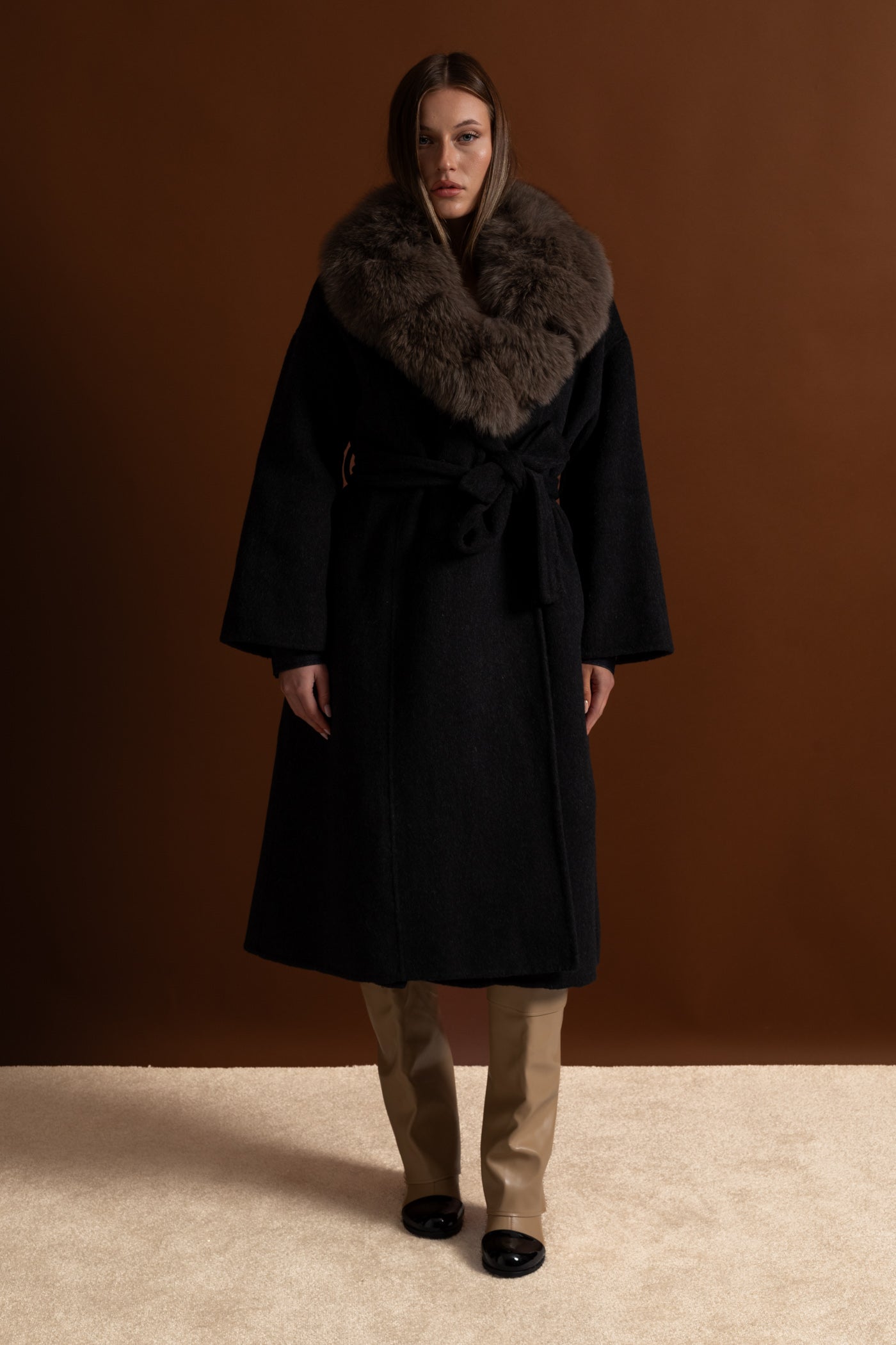 Wool Wrap Coat with Fox Fur Collar And Tie Belt – Black/Brown