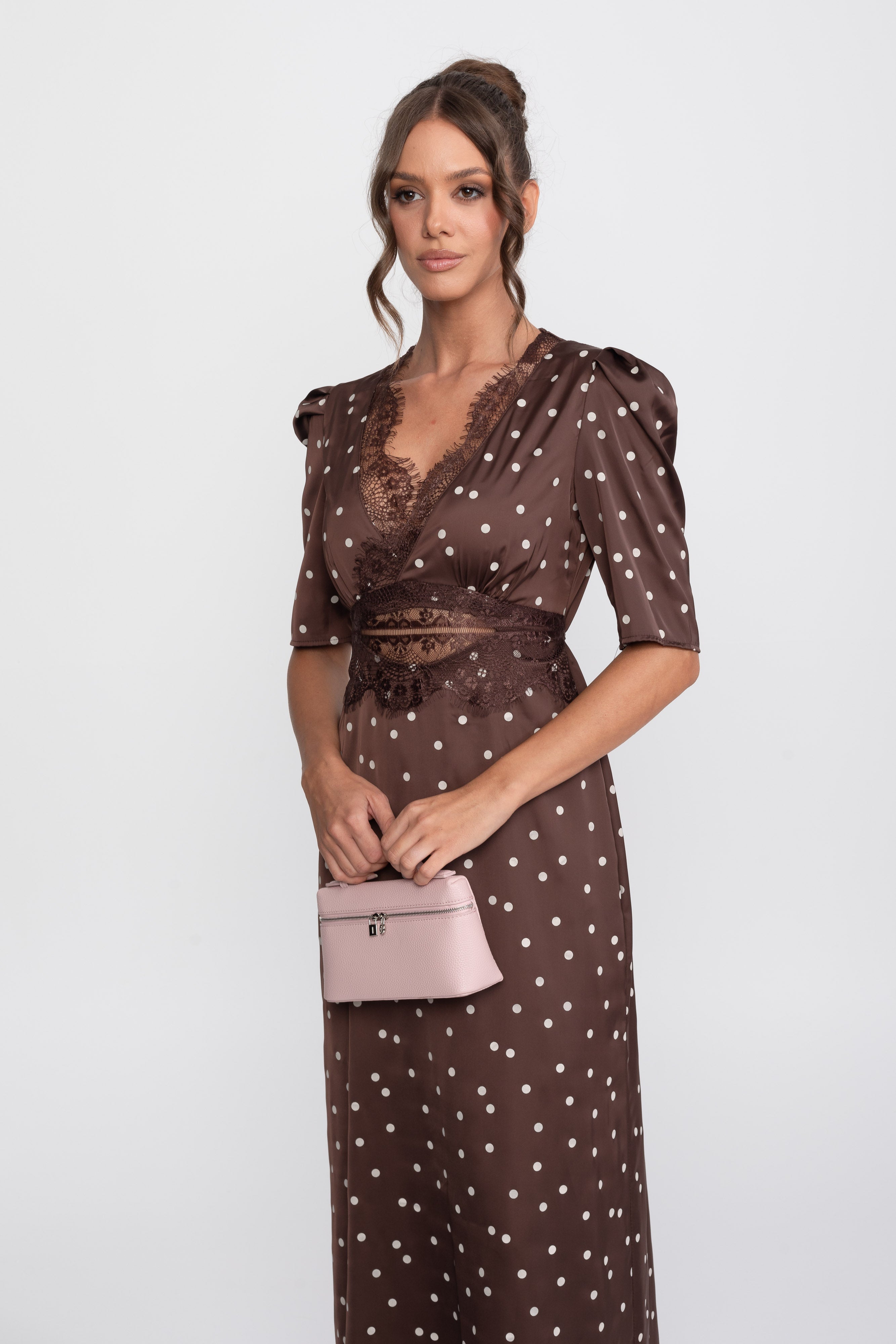 Lace-Trim Polka Dot Midi Dress With Puff Sleeves - Brown