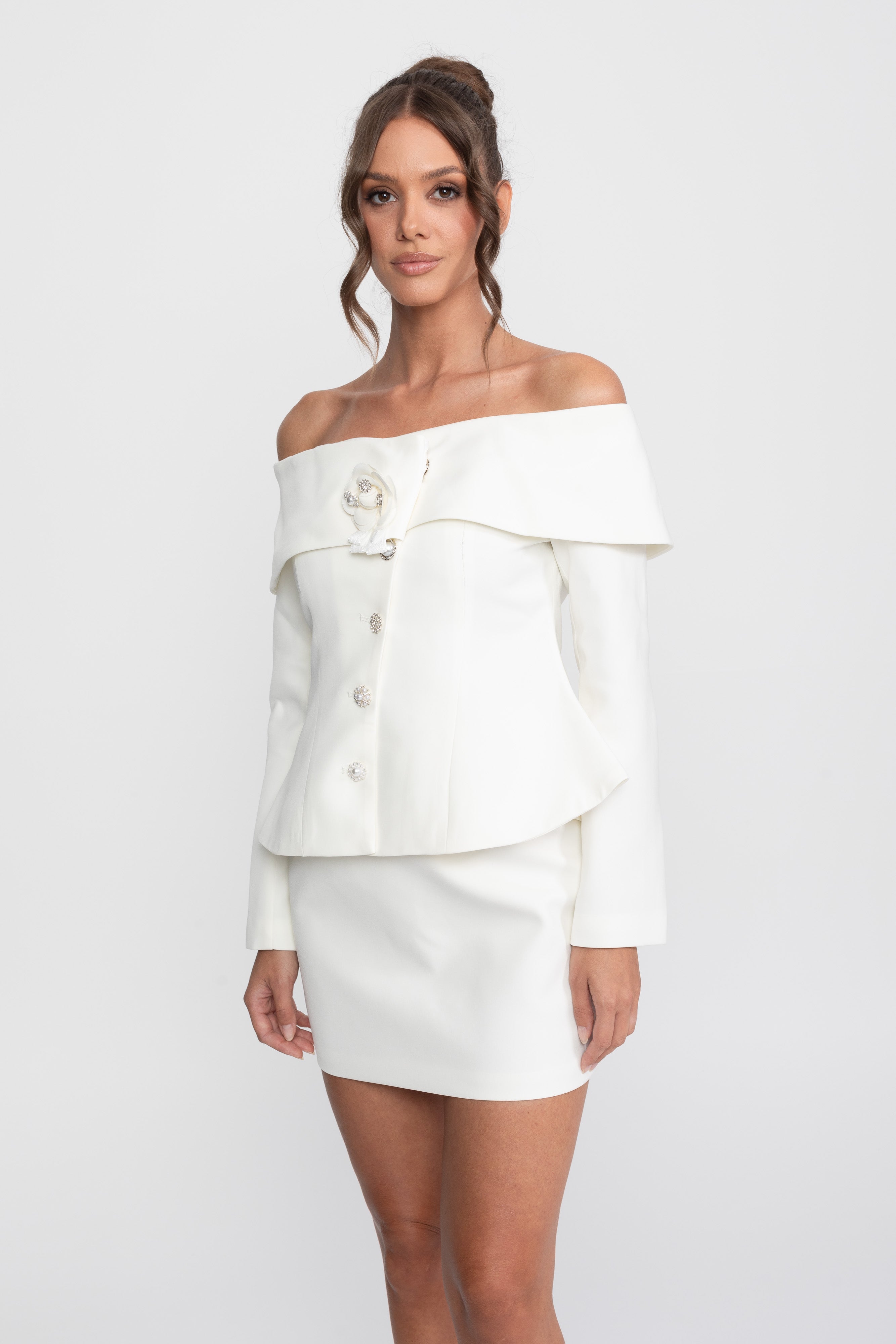 Elegant Co-ord Set With Off-Shoulder Peplum Top And Mini Skirt - White