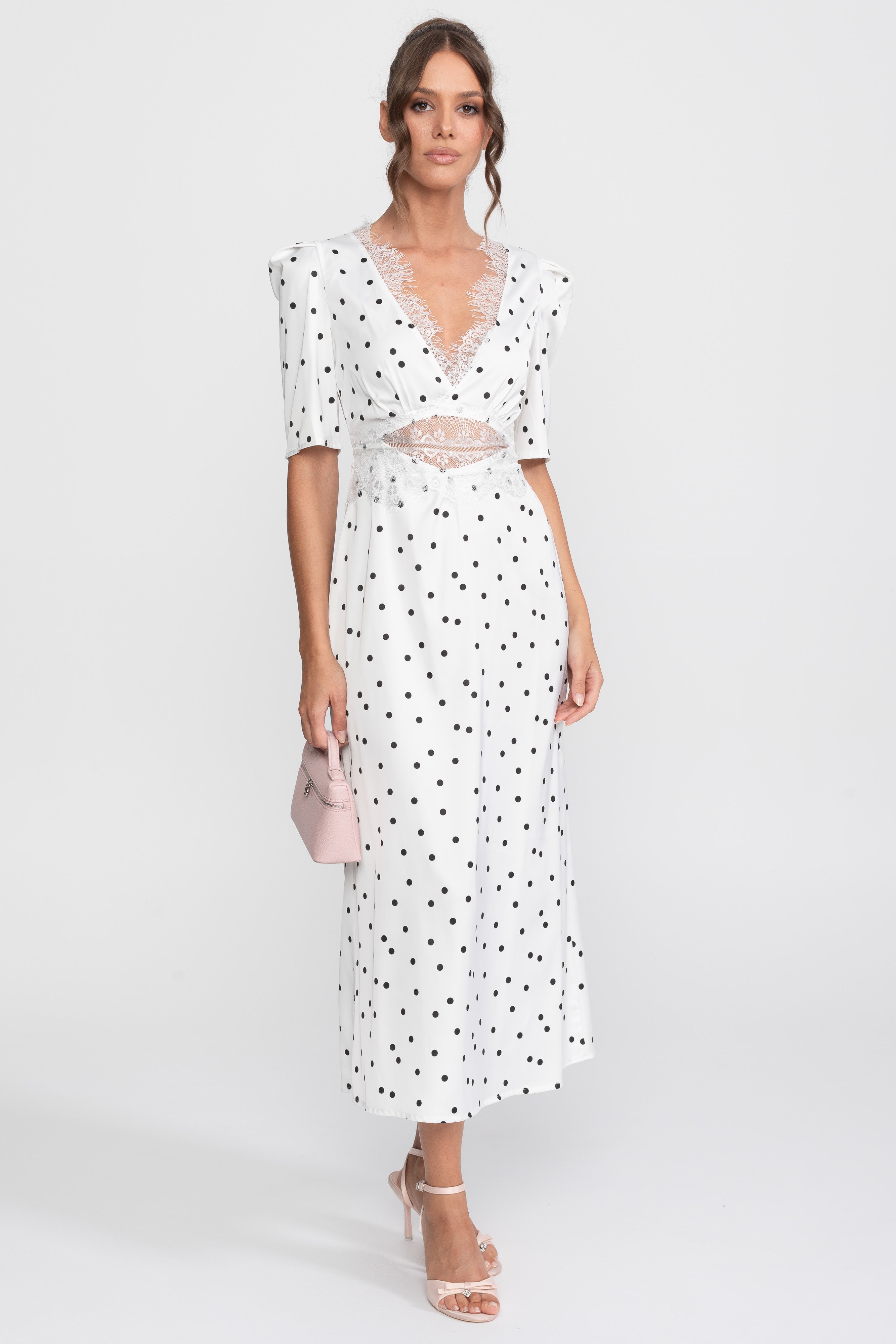 Lace-Trim Polka Dot Midi Dress With Puff Sleeves - White