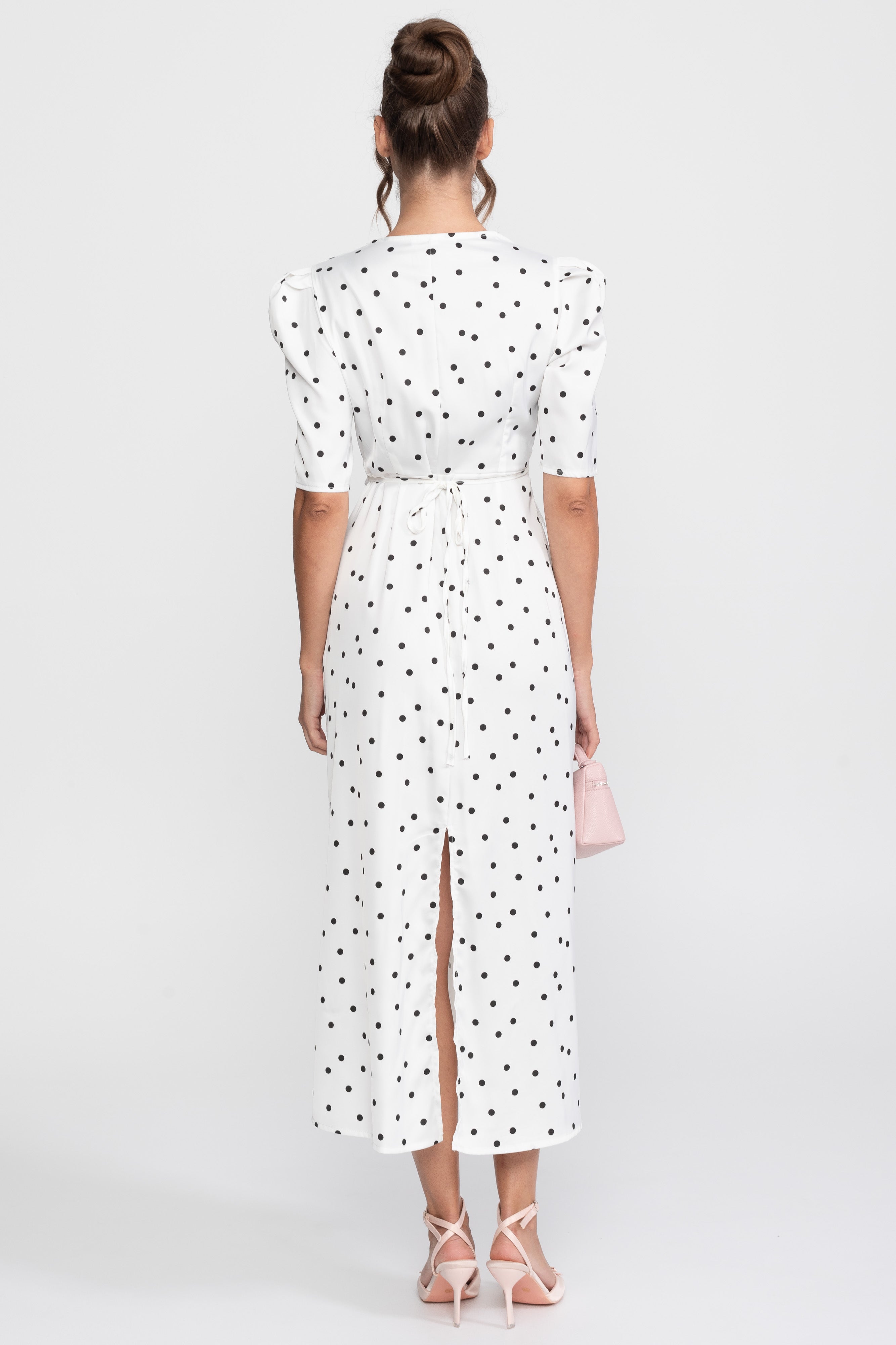 Lace-Trim Polka Dot Midi Dress With Puff Sleeves - White