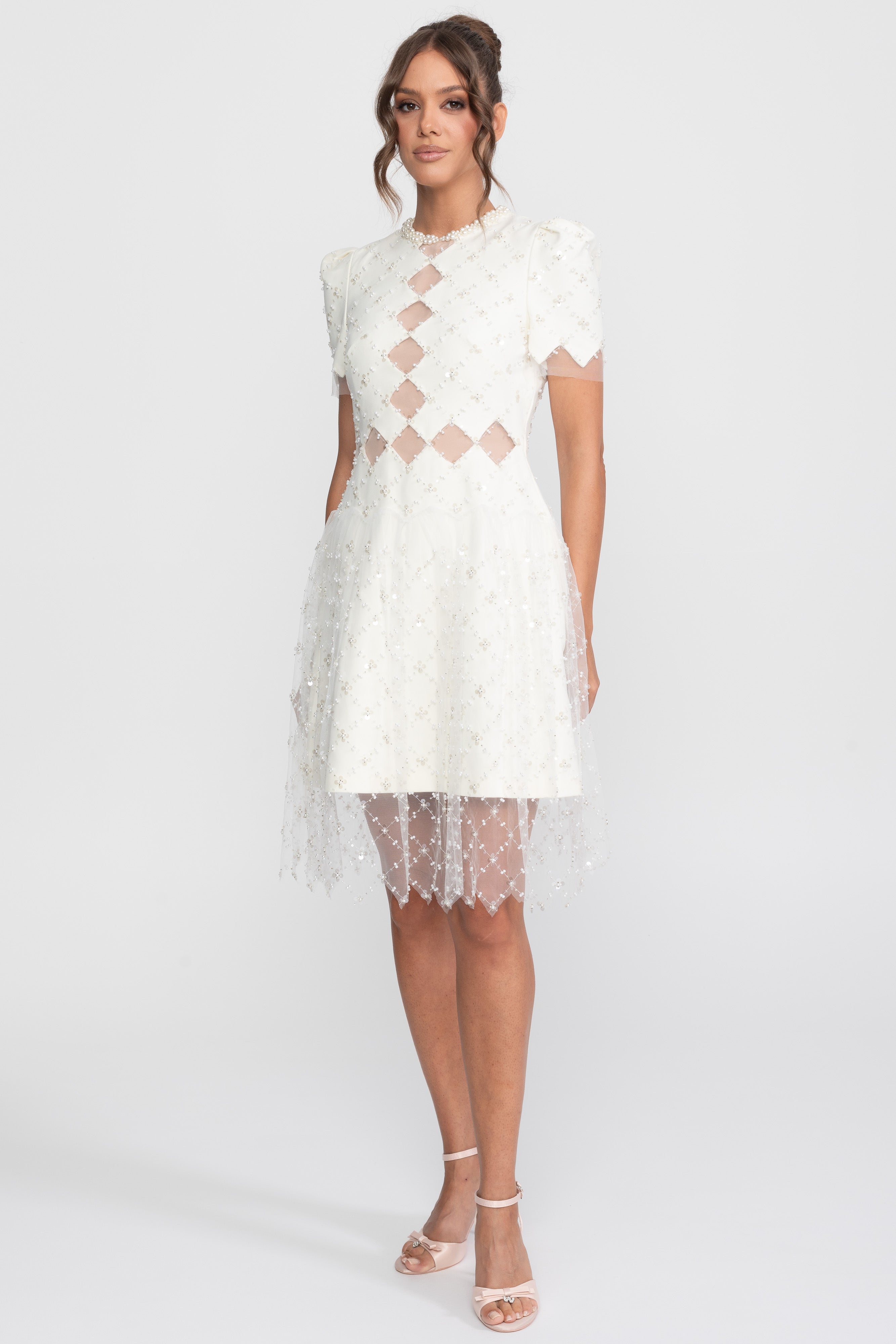 Diamond Cut-Out Beaded Dress With Pearl Trim - White