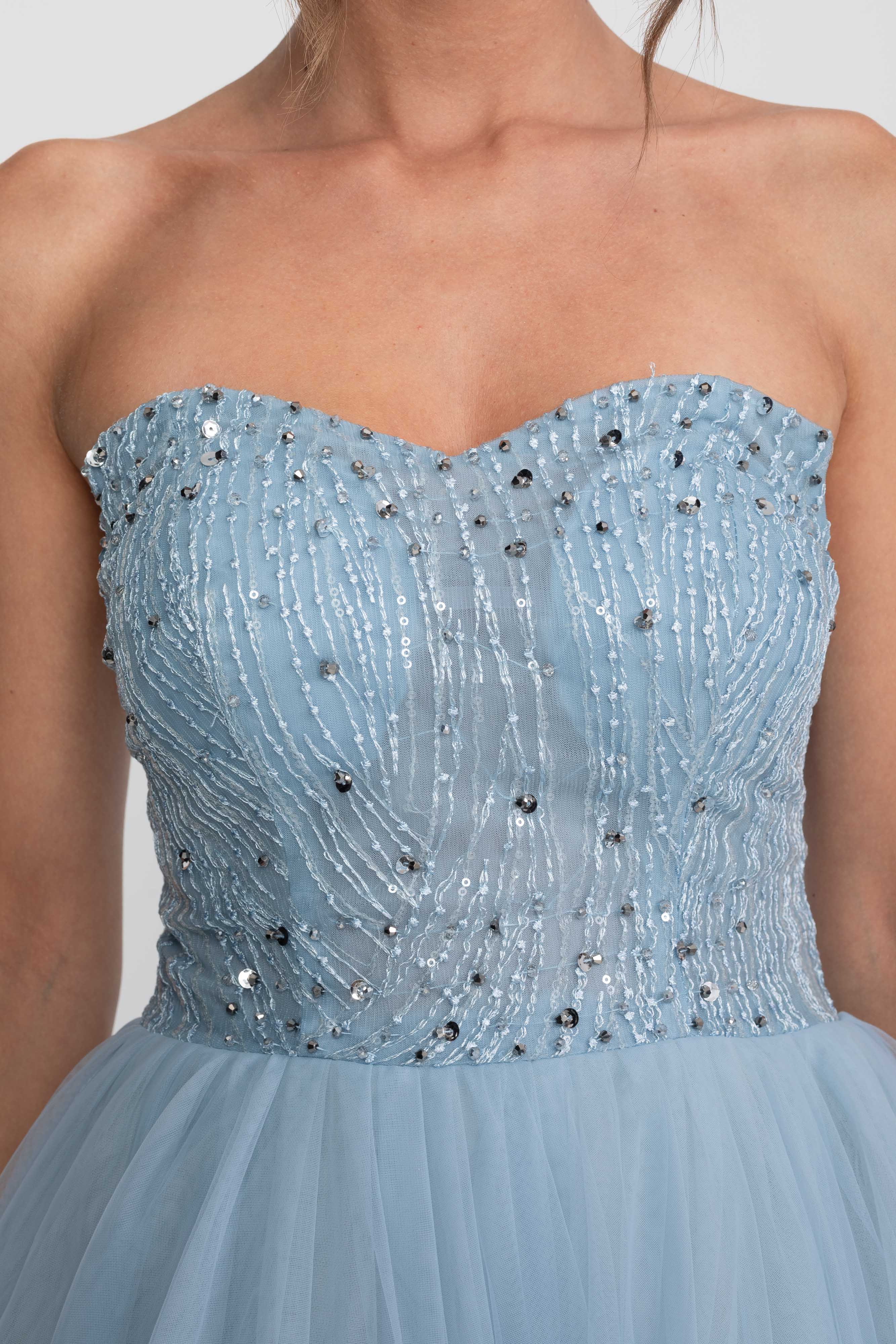 Tulle Strapless Ball Gown With Sequin Embellishments - Light Blue