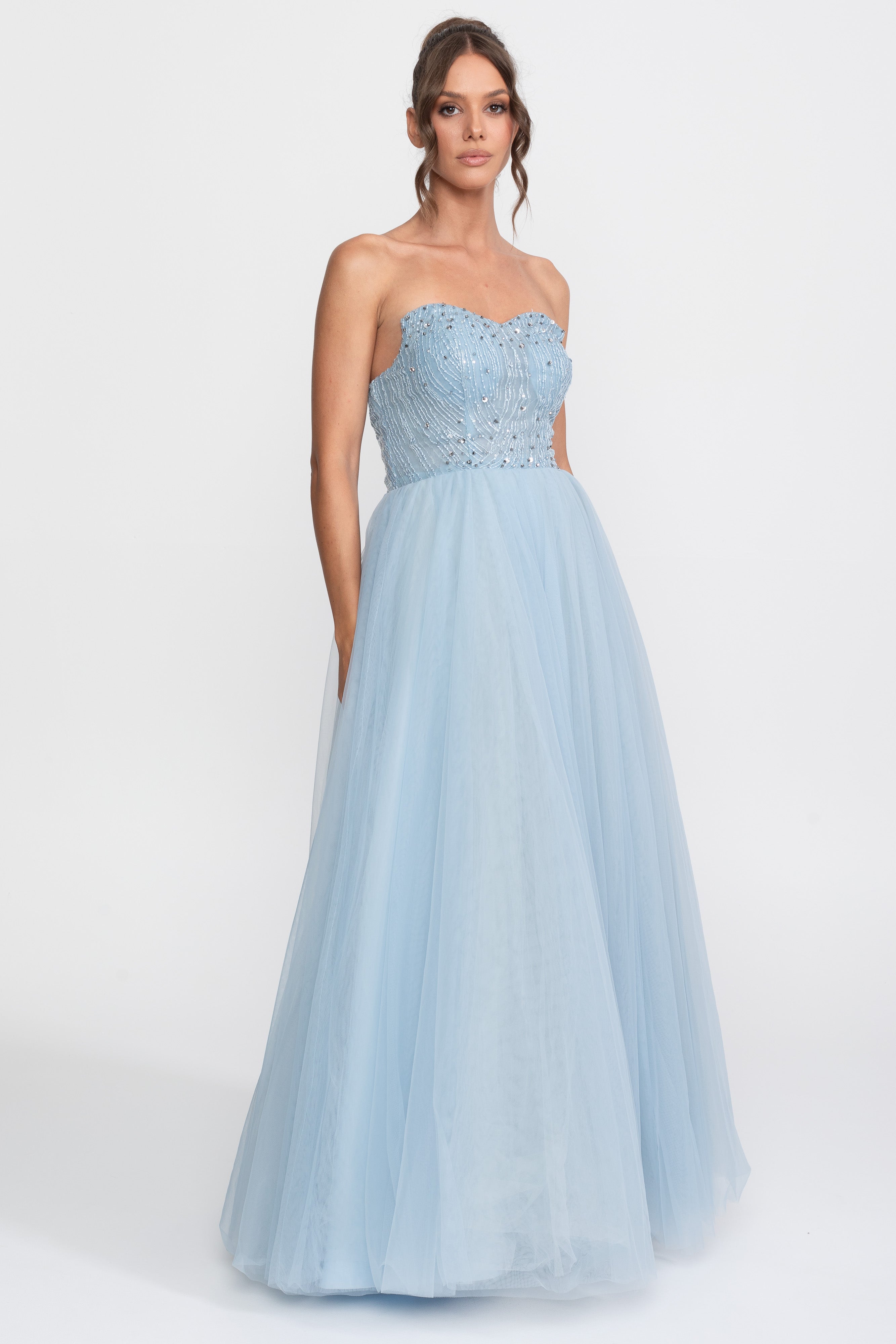 Tulle Strapless Ball Gown With Sequin Embellishments - Light Blue