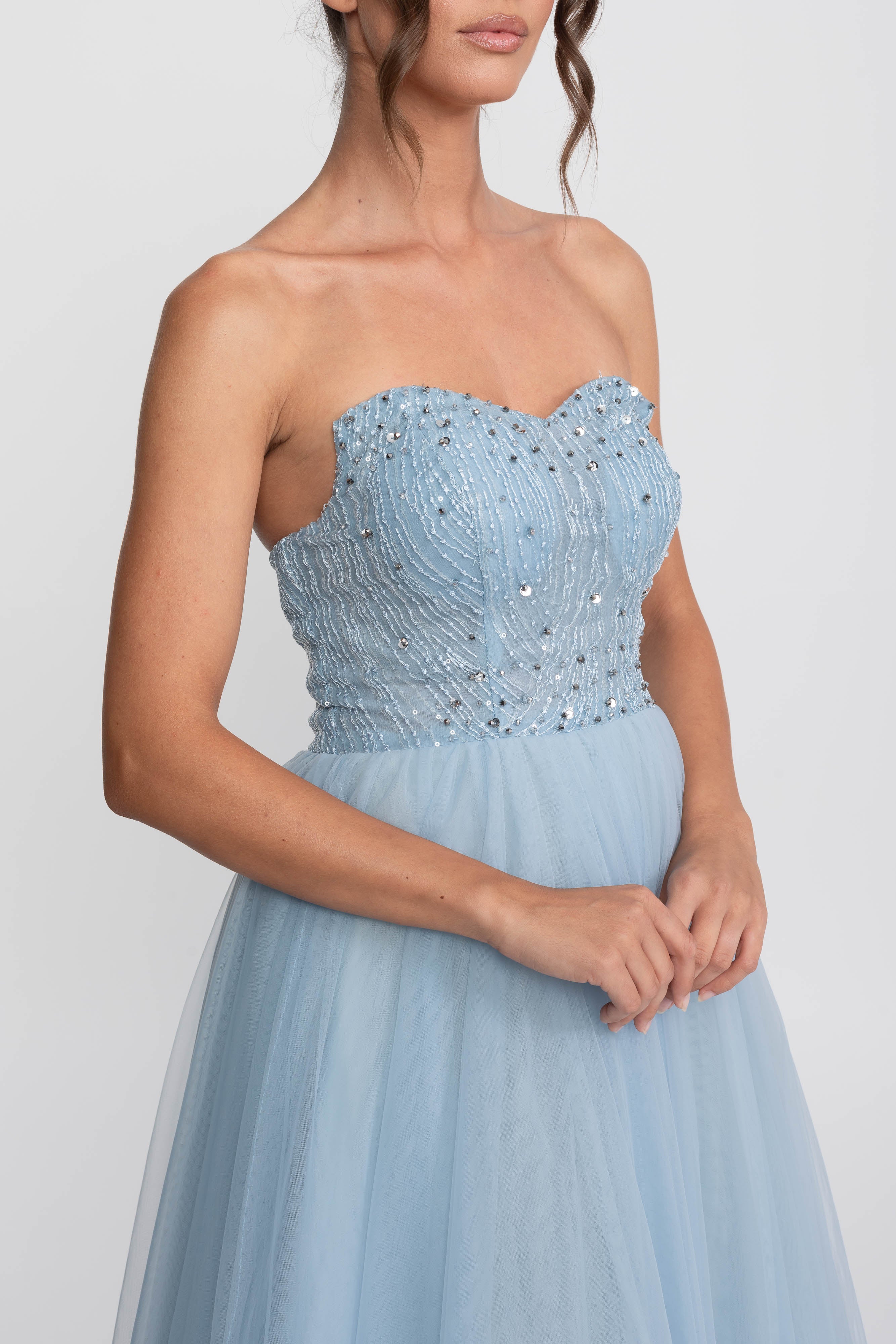 Tulle Strapless Ball Gown With Sequin Embellishments - Light Blue