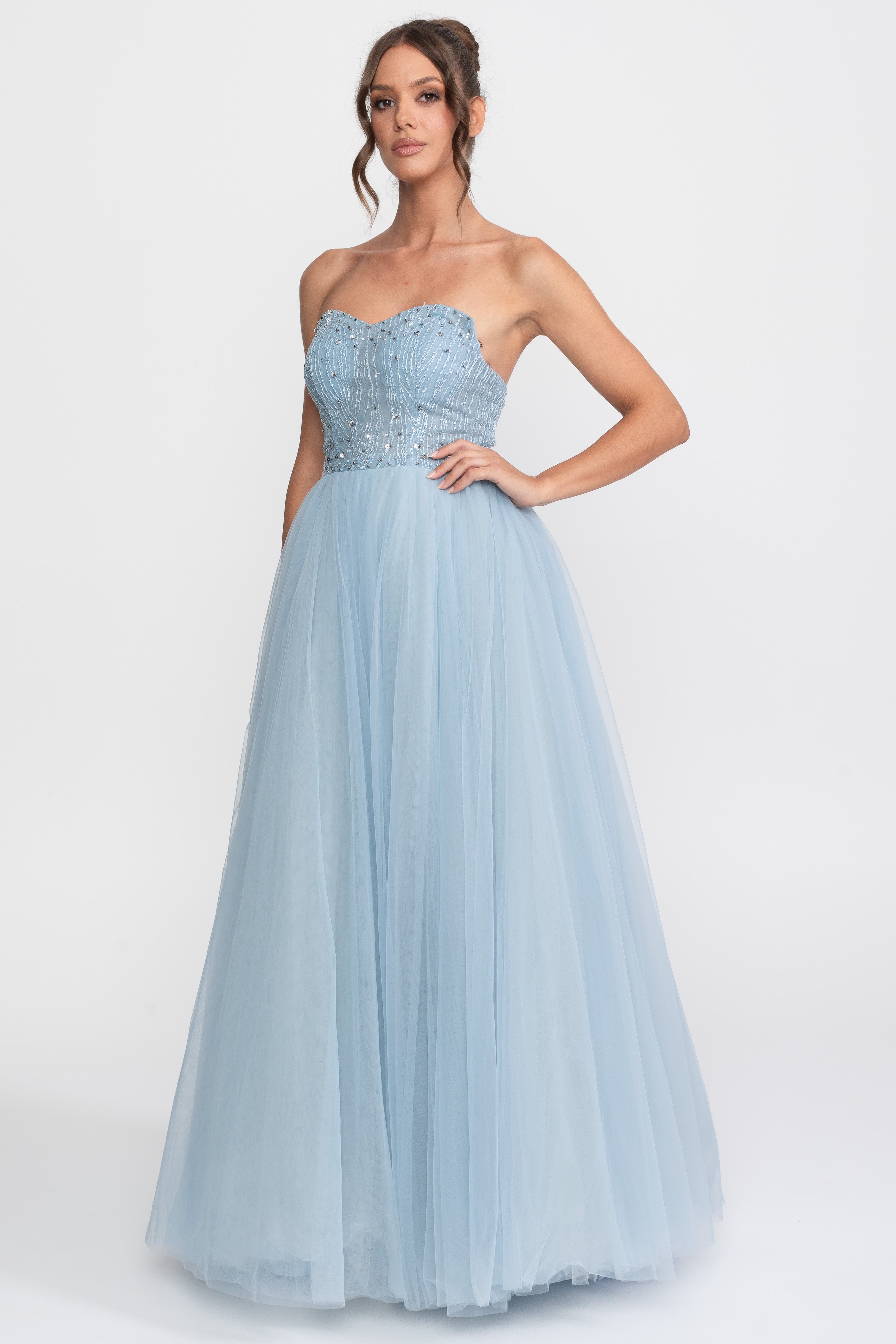 Tulle Strapless Ball Gown With Sequin Embellishments - Light Blue