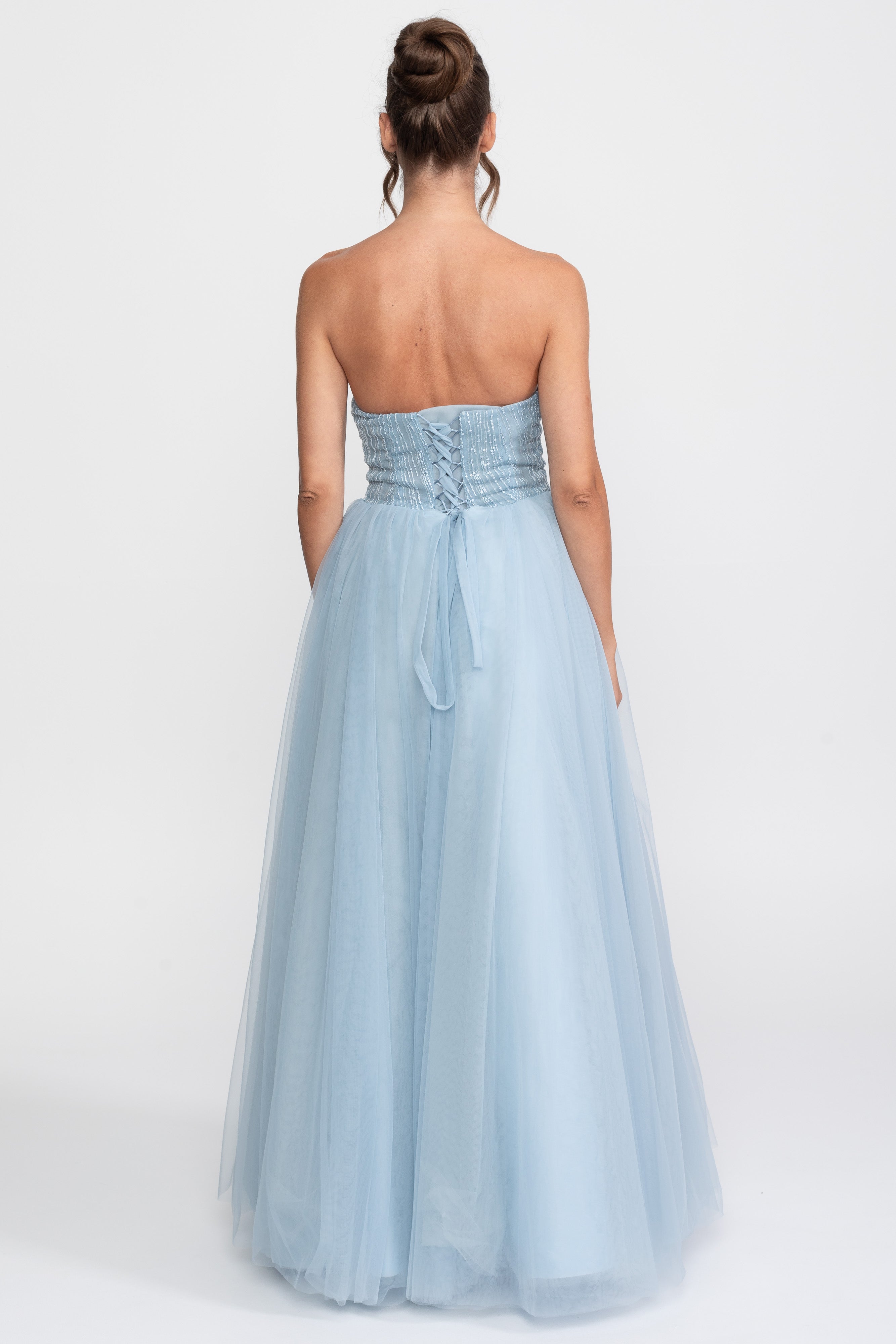 Tulle Strapless Ball Gown With Sequin Embellishments - Light Blue