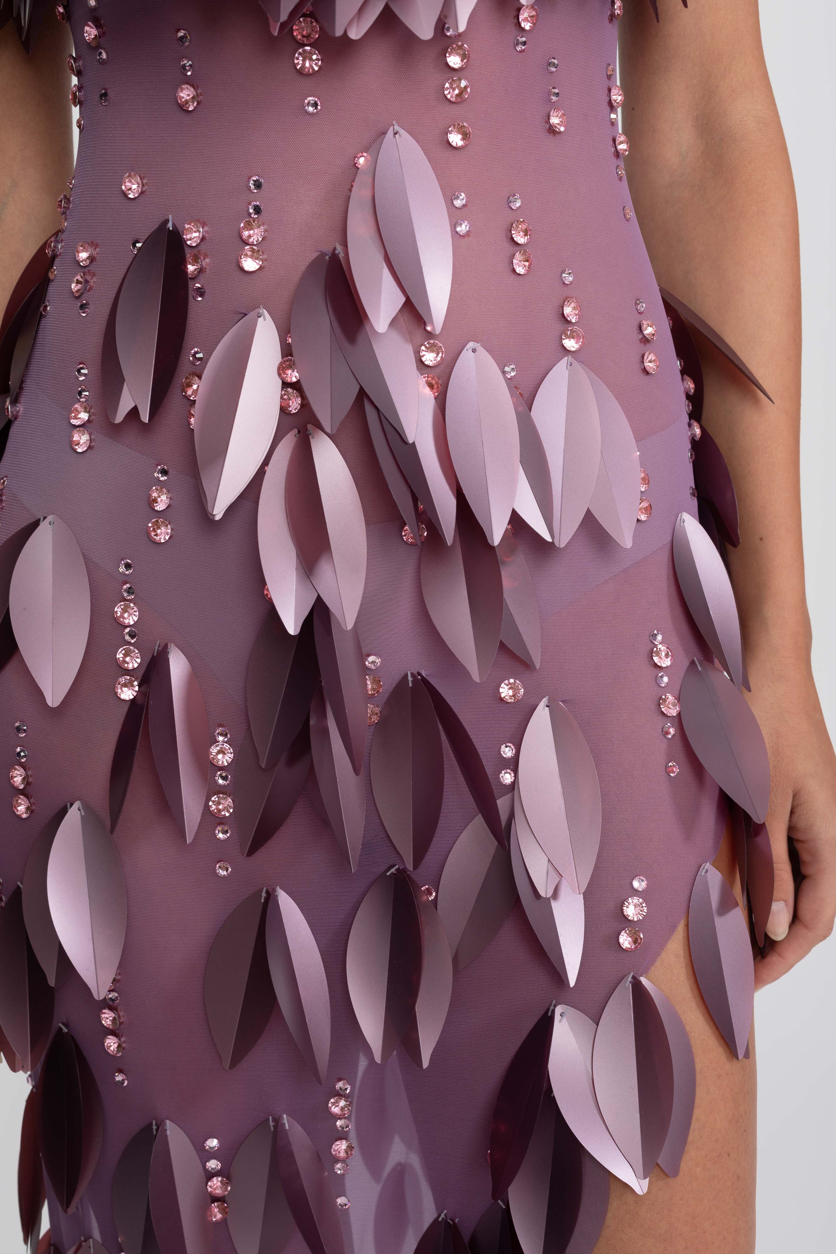 3D Petal Beaded Slit Dress With Short Sleeves - Purple