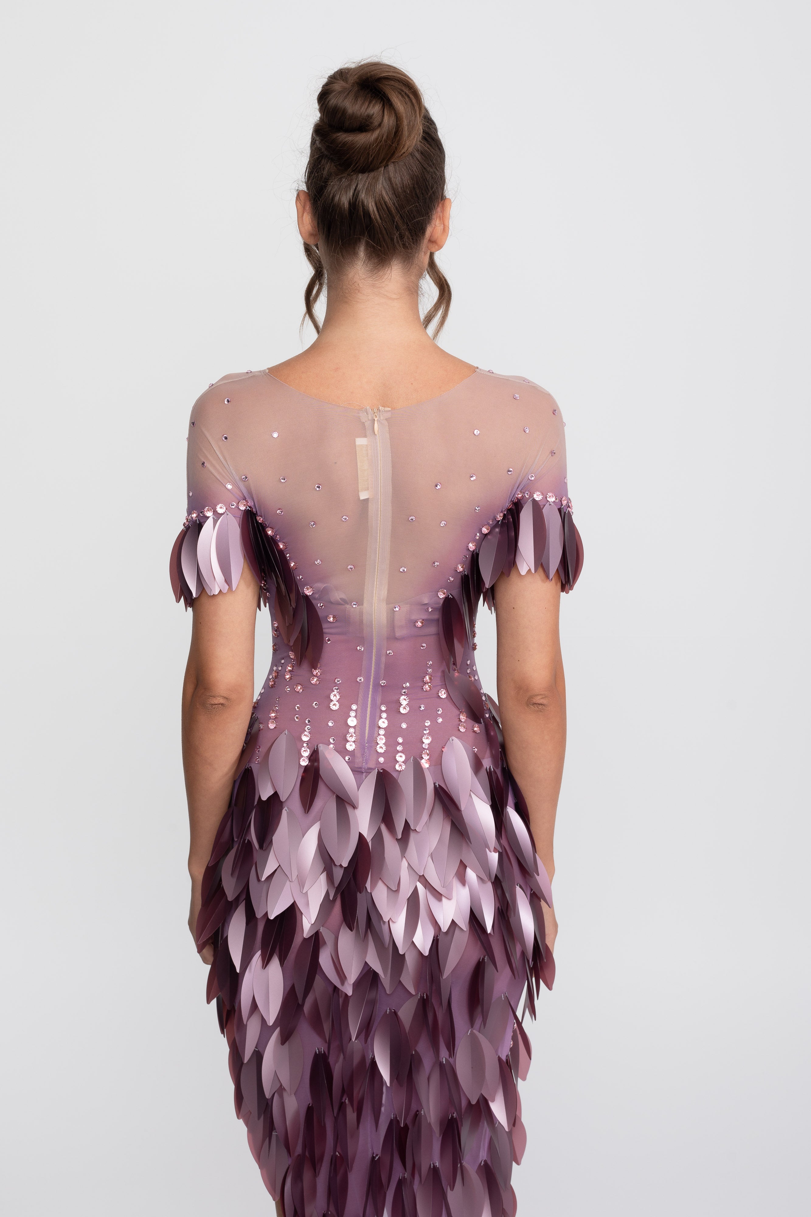 3D Petal Beaded Slit Dress With Short Sleeves - Purple