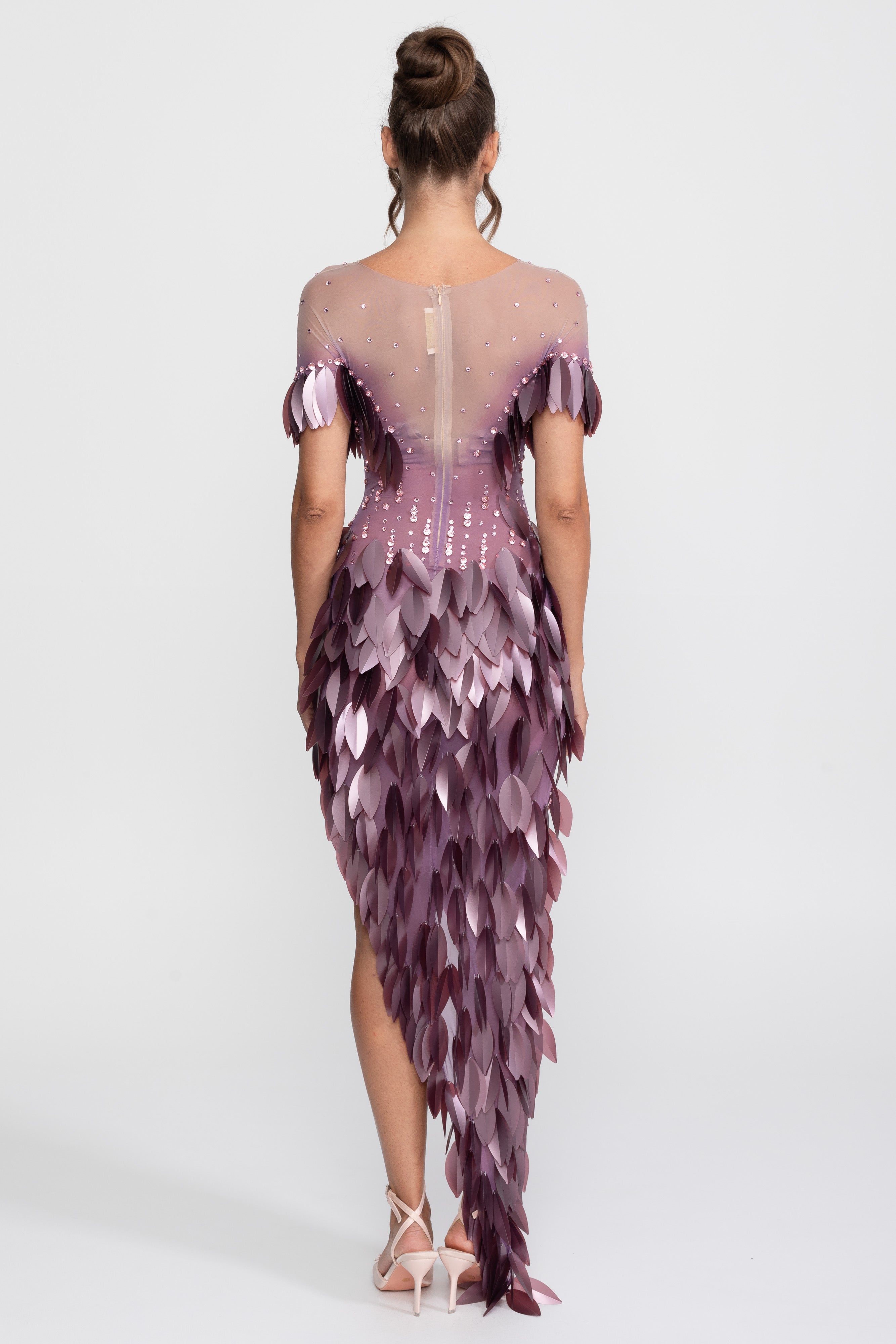 3D Petal Beaded Slit Dress With Short Sleeves - Purple