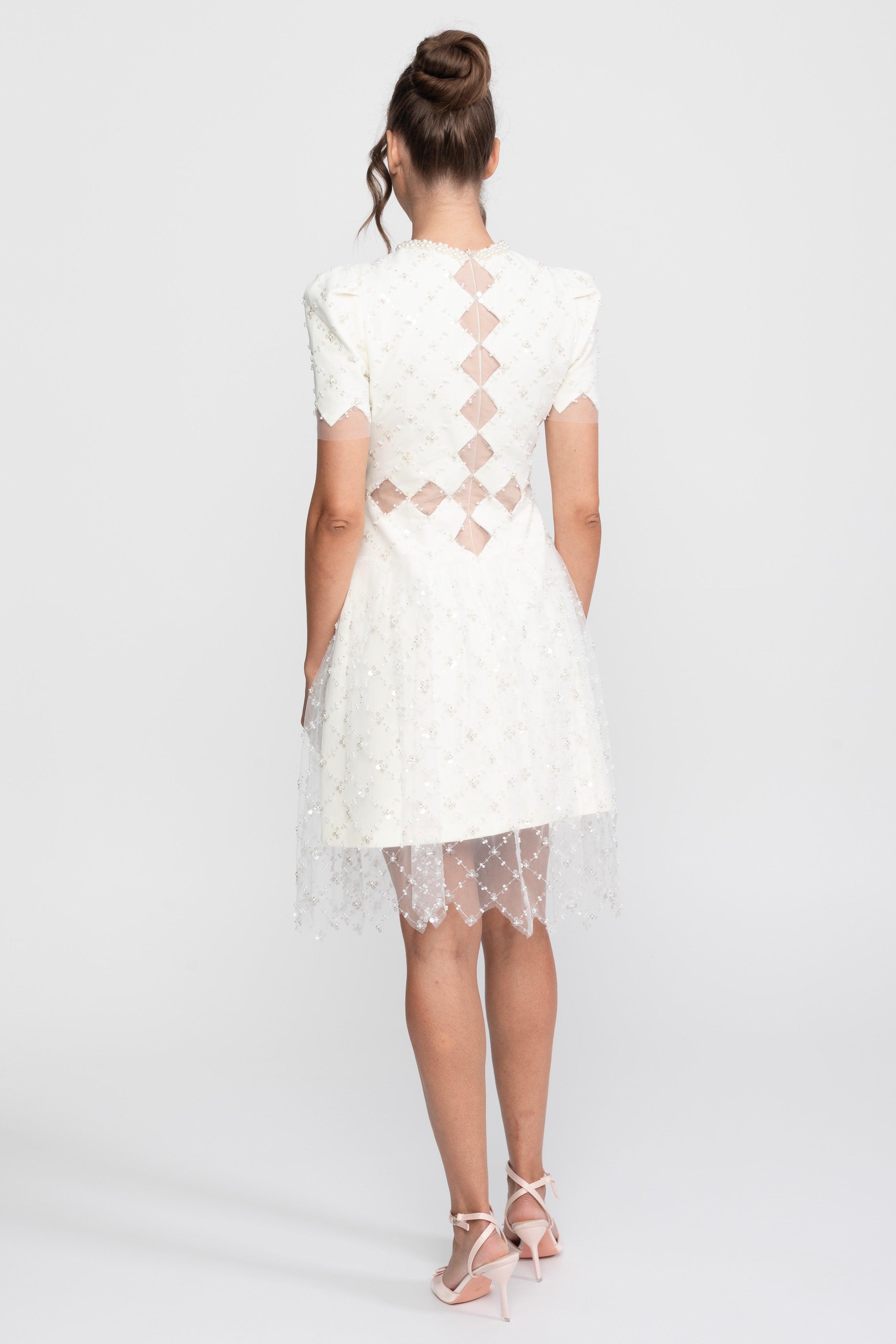 Diamond Cut-Out Beaded Dress With Pearl Trim - White