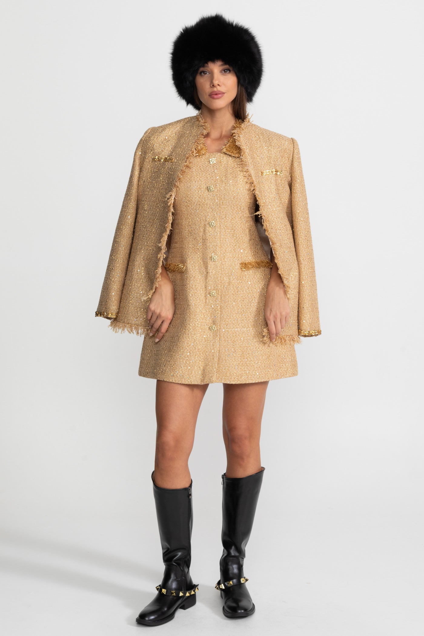 Alia Textured Tweed Overcoat With Intricate Sequin Embellishments And Fringe Trim Accents - Gold