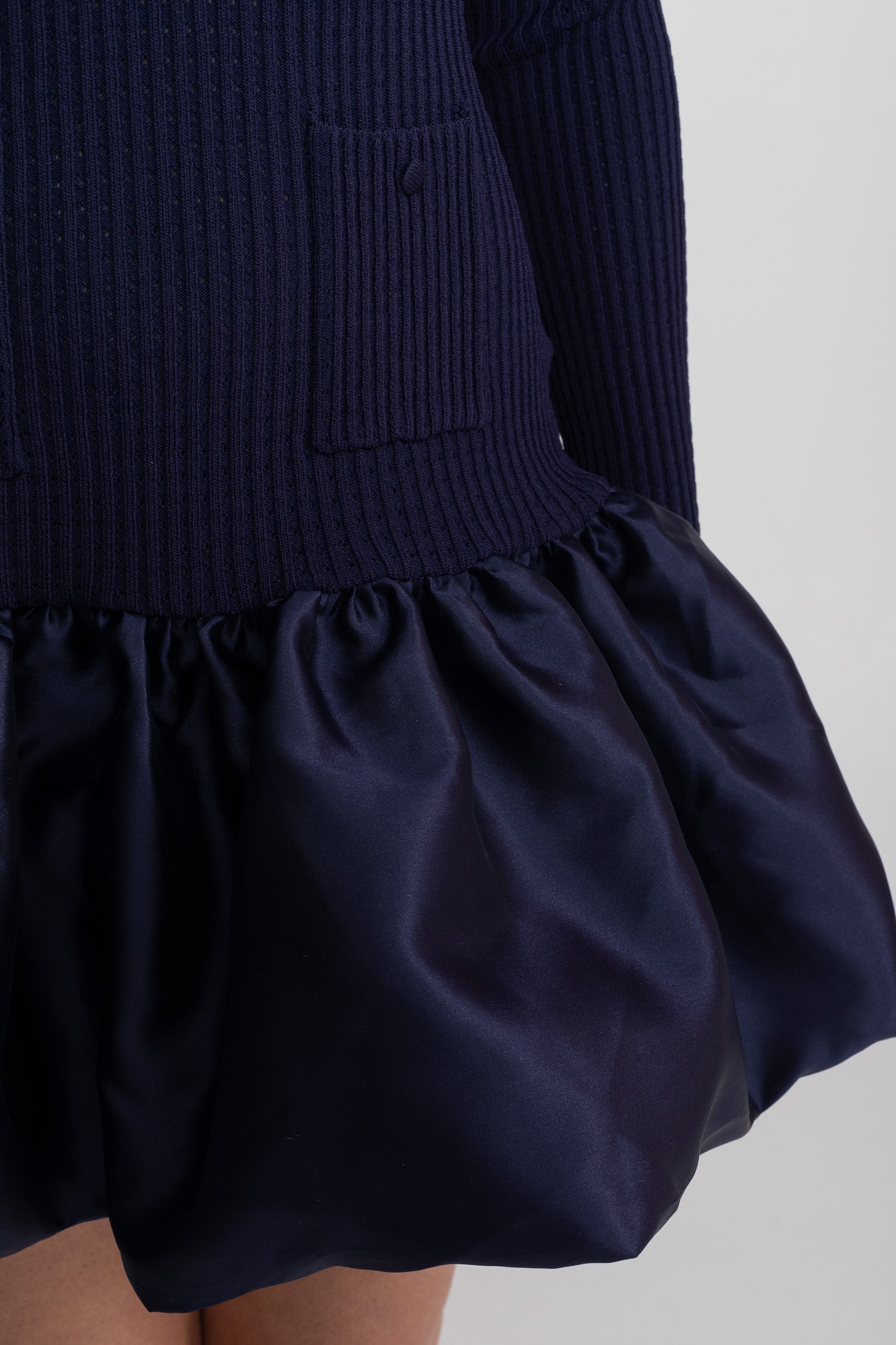 Knit Long Sleeve Mini Dress With Broderie Collar - Navy