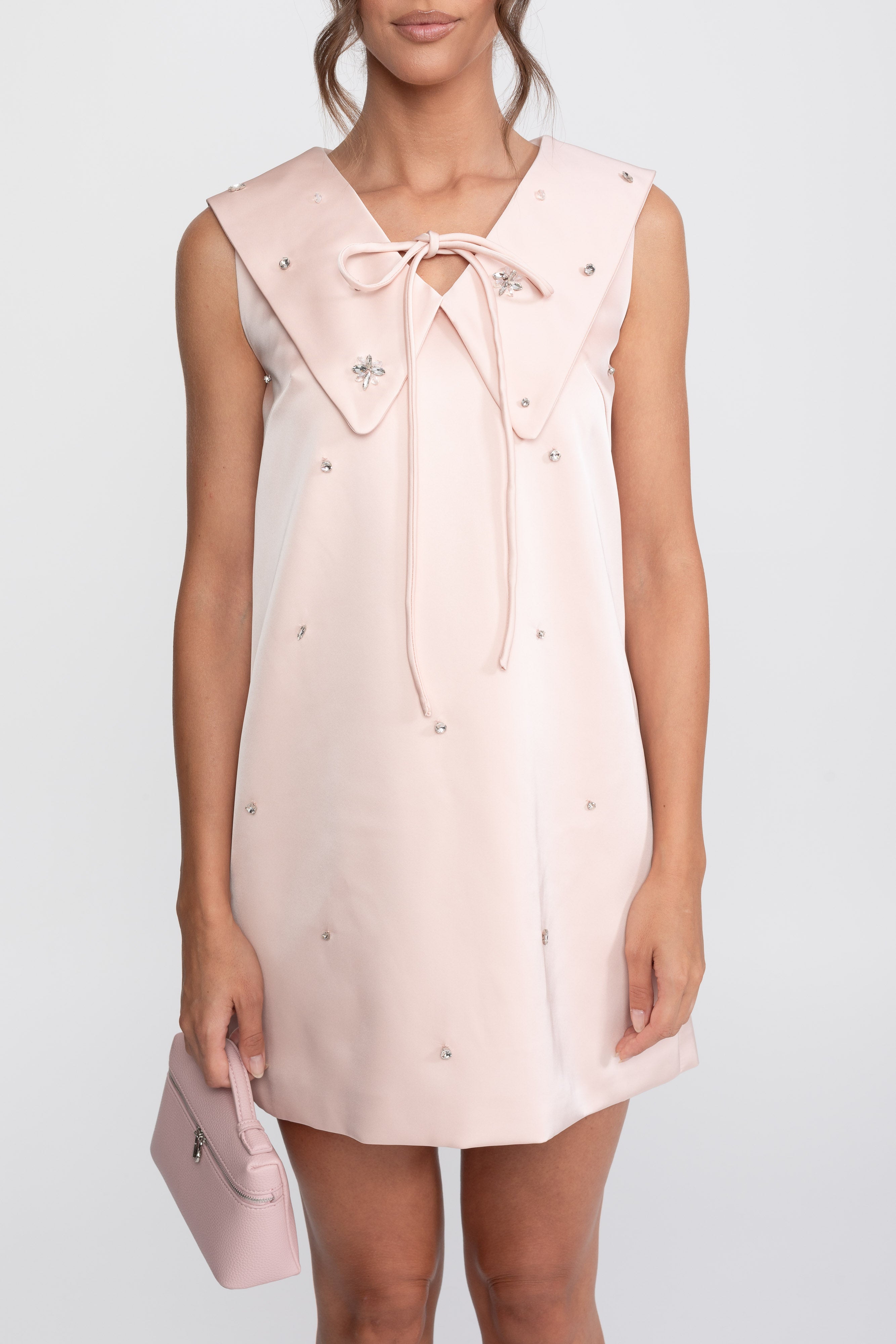 Sailor Collar Satin Mini Dress With Tie Neck - Pink
