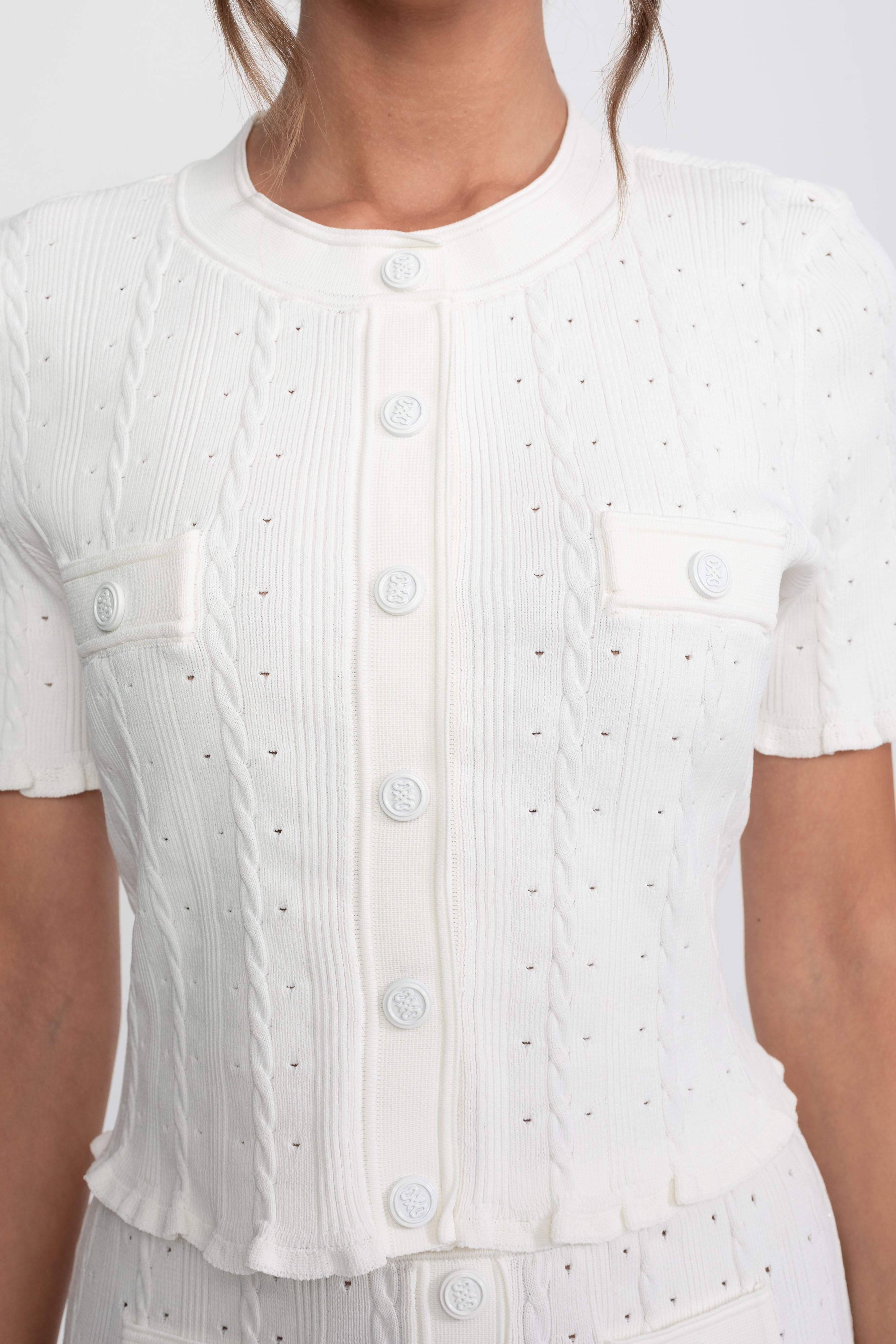 Ribbed Knit Co-Ord Set With Buttoned Front Cardigan And Matching Maxi Skirt - White