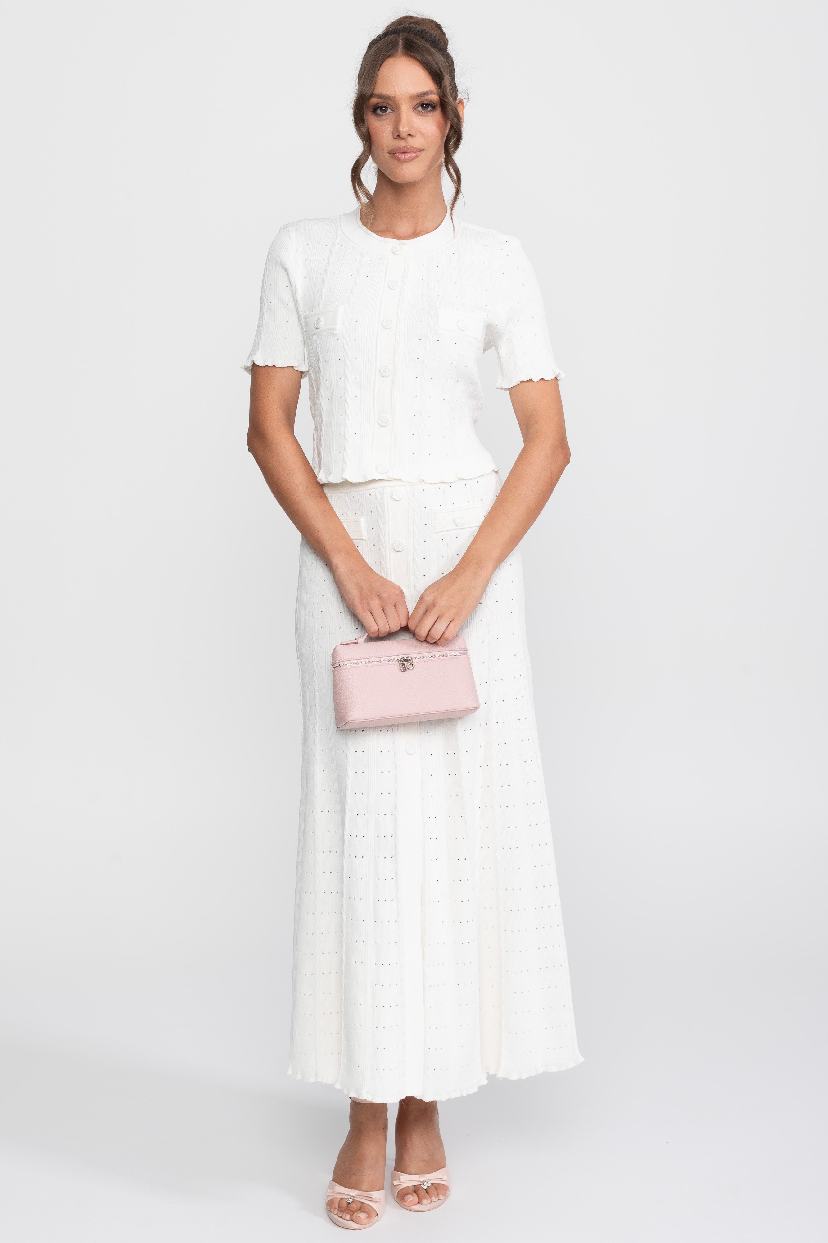 Ribbed Knit Co-Ord Set With Buttoned Front Cardigan And Matching Maxi Skirt - White