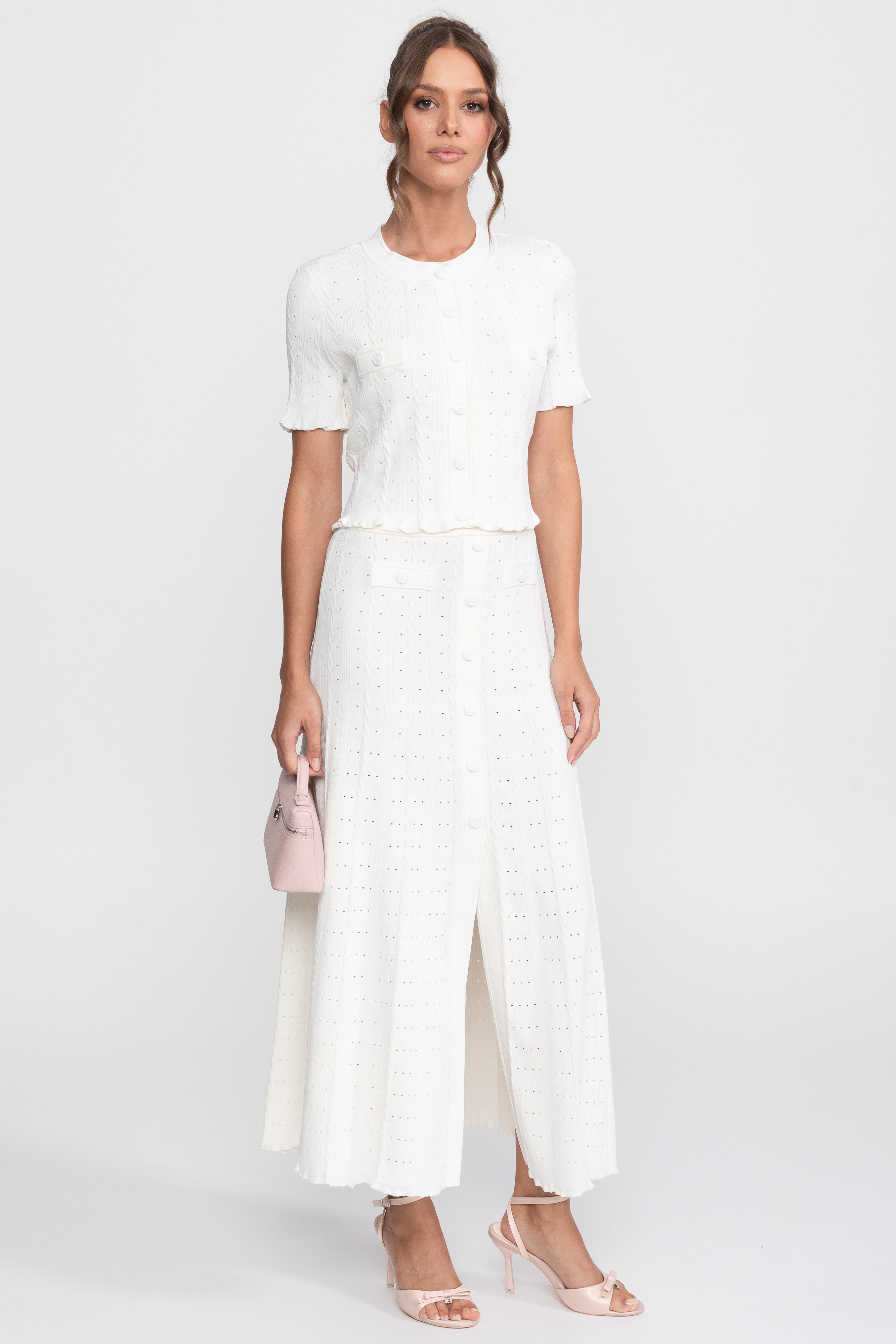 Ribbed Knit Co-Ord Set With Buttoned Front Cardigan And Matching Maxi Skirt - White