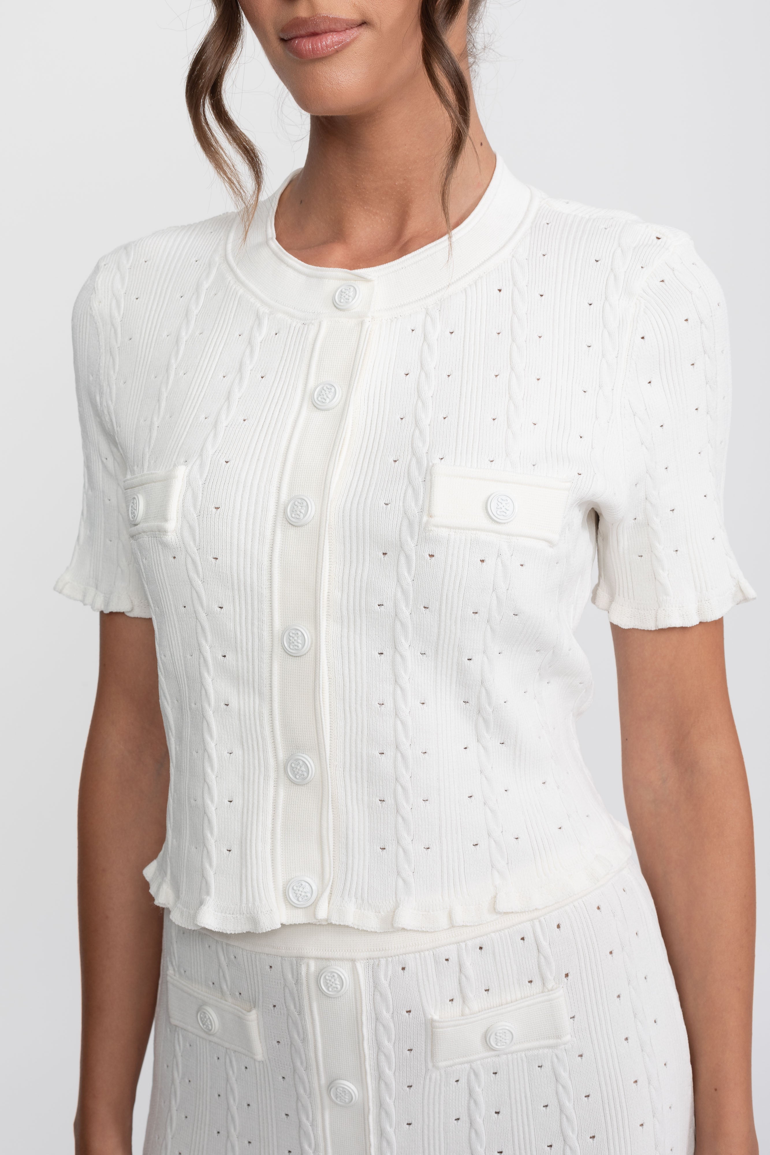Ribbed Knit Co-Ord Set With Buttoned Front Cardigan And Matching Maxi Skirt - White