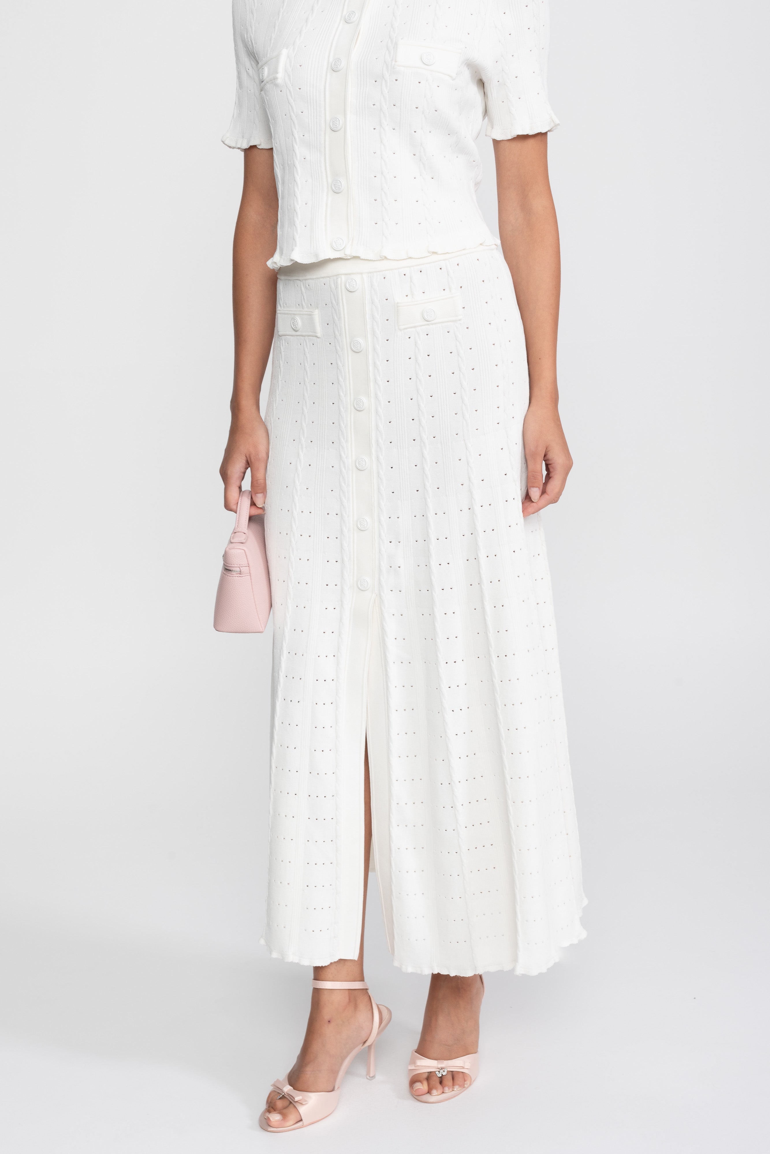 Ribbed Knit Co-Ord Set With Buttoned Front Cardigan And Matching Maxi Skirt - White