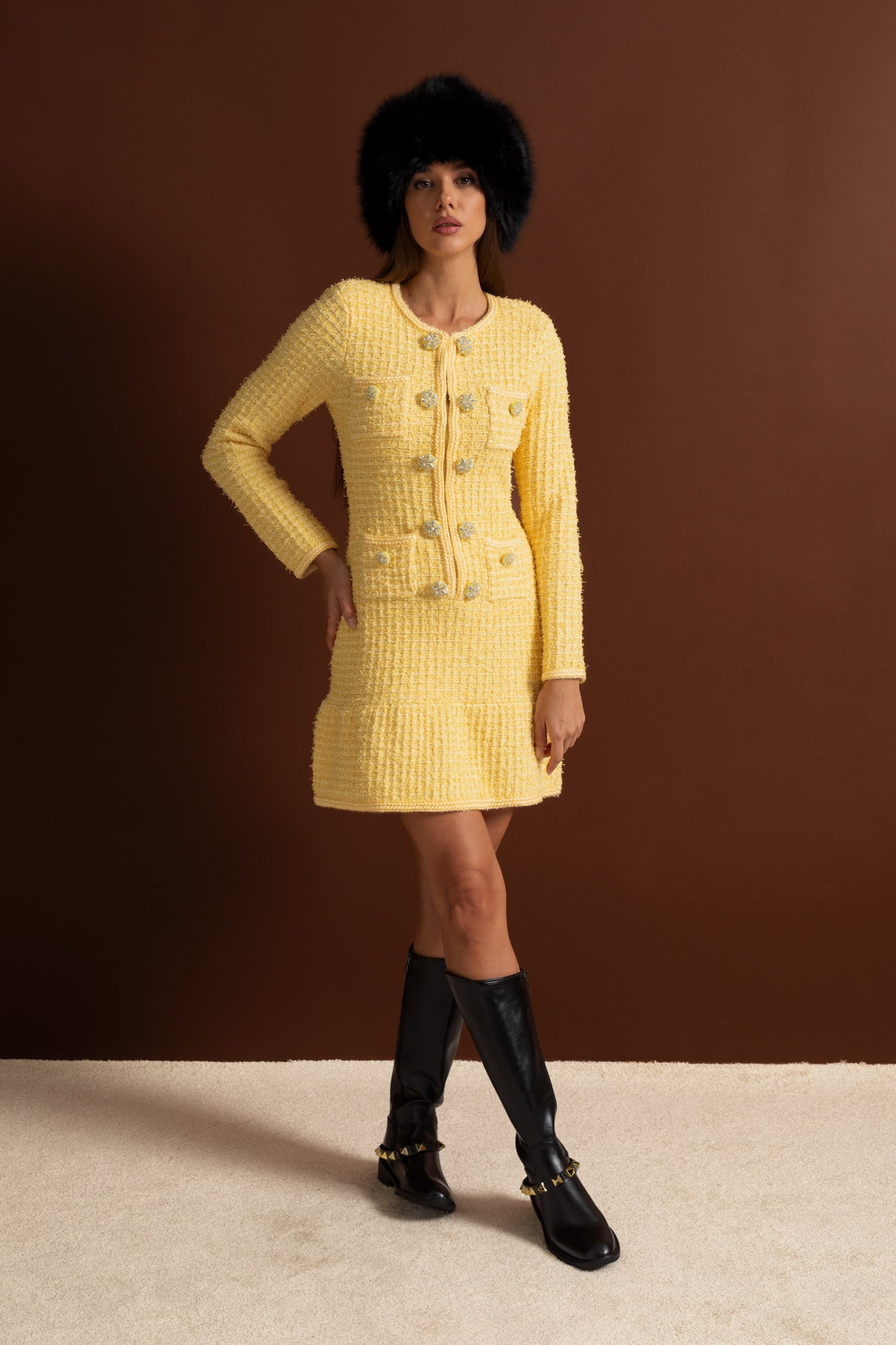 Embellished Tweed Mini Dress With Jewel Buttons – Yellow