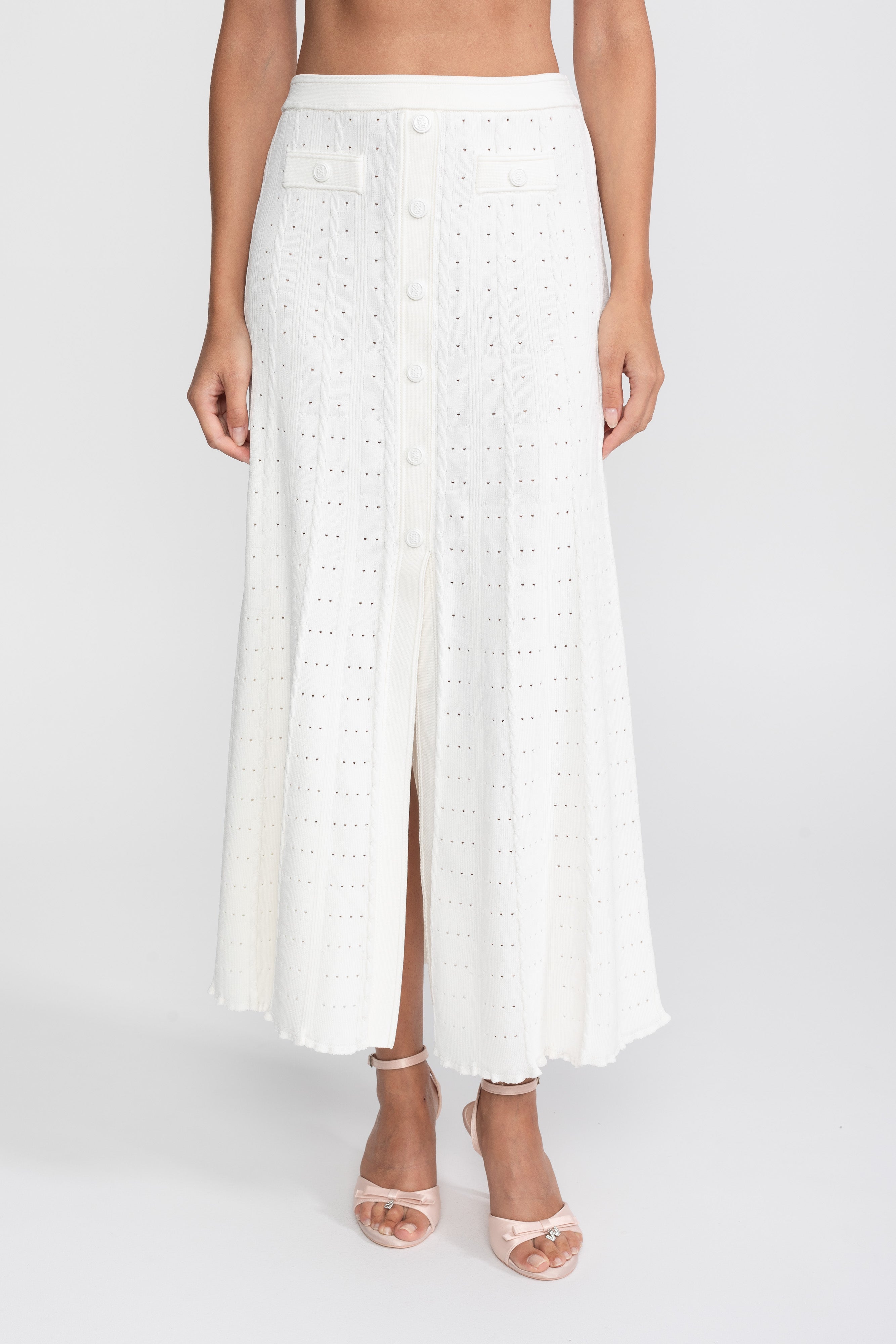 Ribbed Knit Co-Ord Set With Buttoned Front Cardigan And Matching Maxi Skirt - White