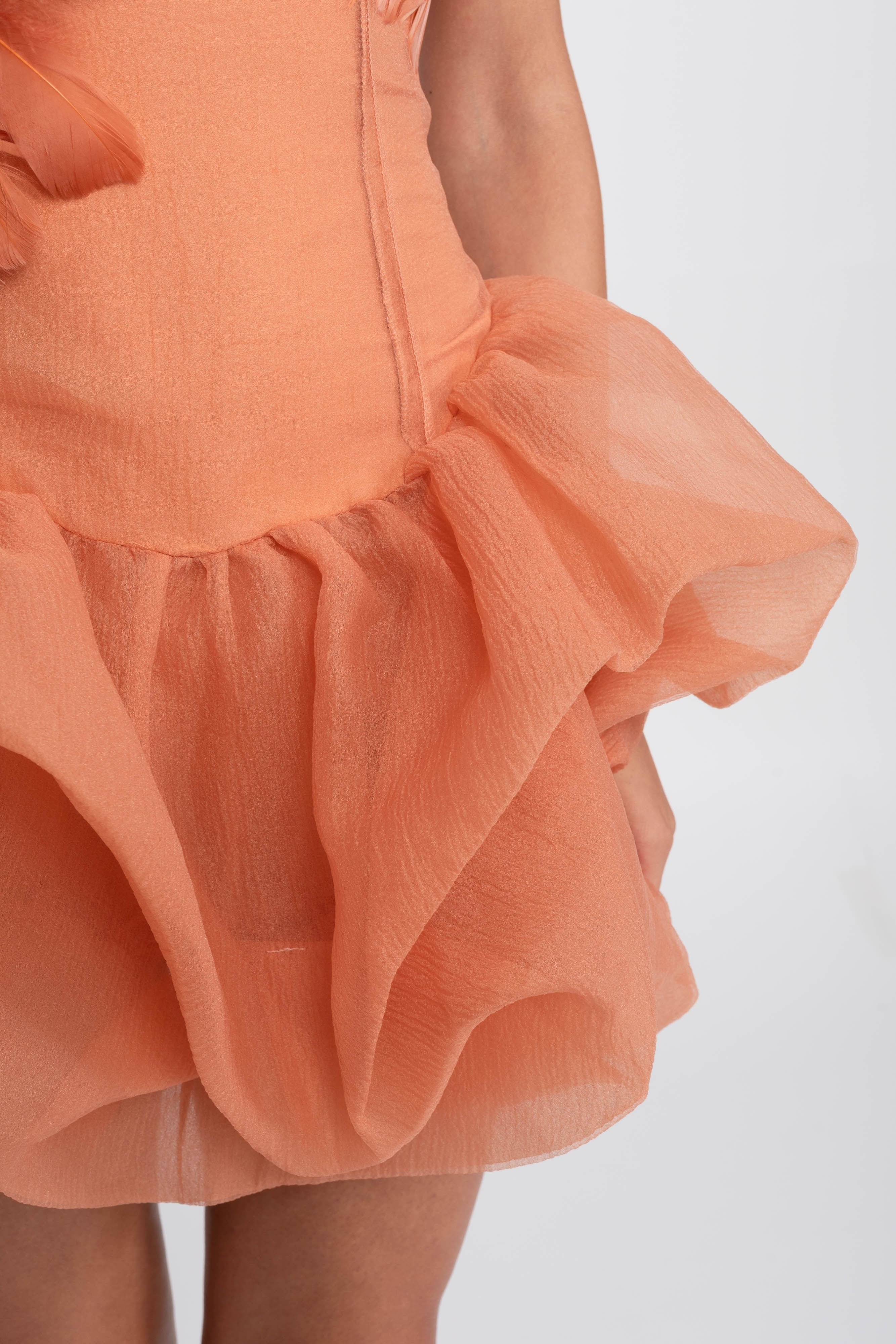 3D Feather Applique Peplum Mini Dress With Crystal Beads - Orange