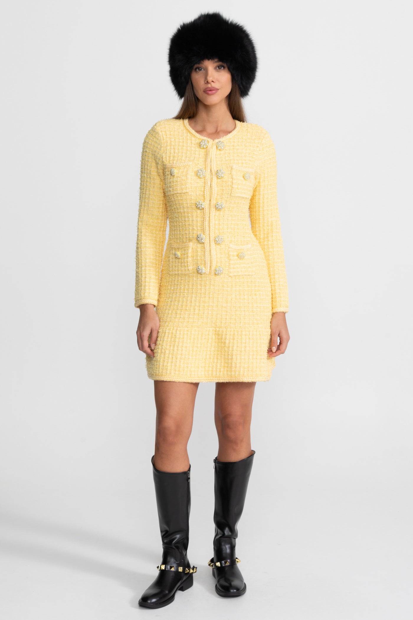 Embellished Tweed Mini Dress With Jewel Buttons – Yellow