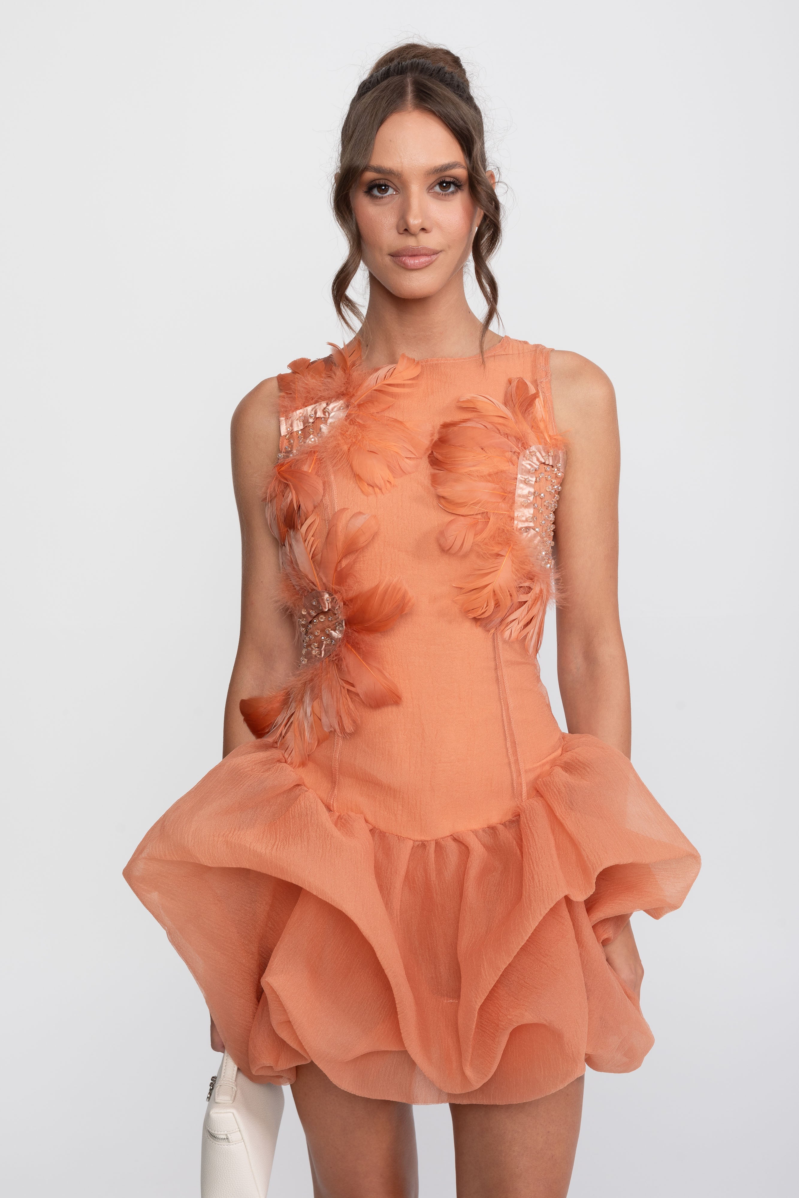 3D Feather Applique Peplum Mini Dress With Crystal Beads - Orange