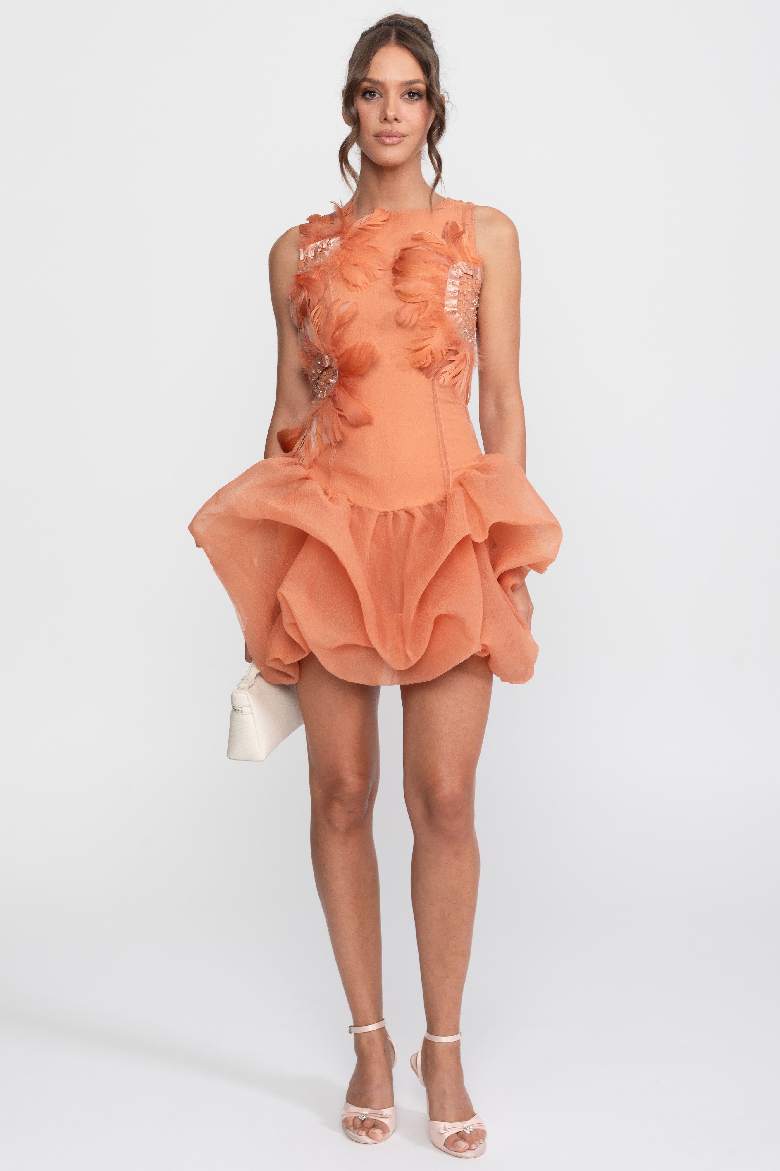 3D Feather Applique Peplum Mini Dress With Crystal Beads - Orange