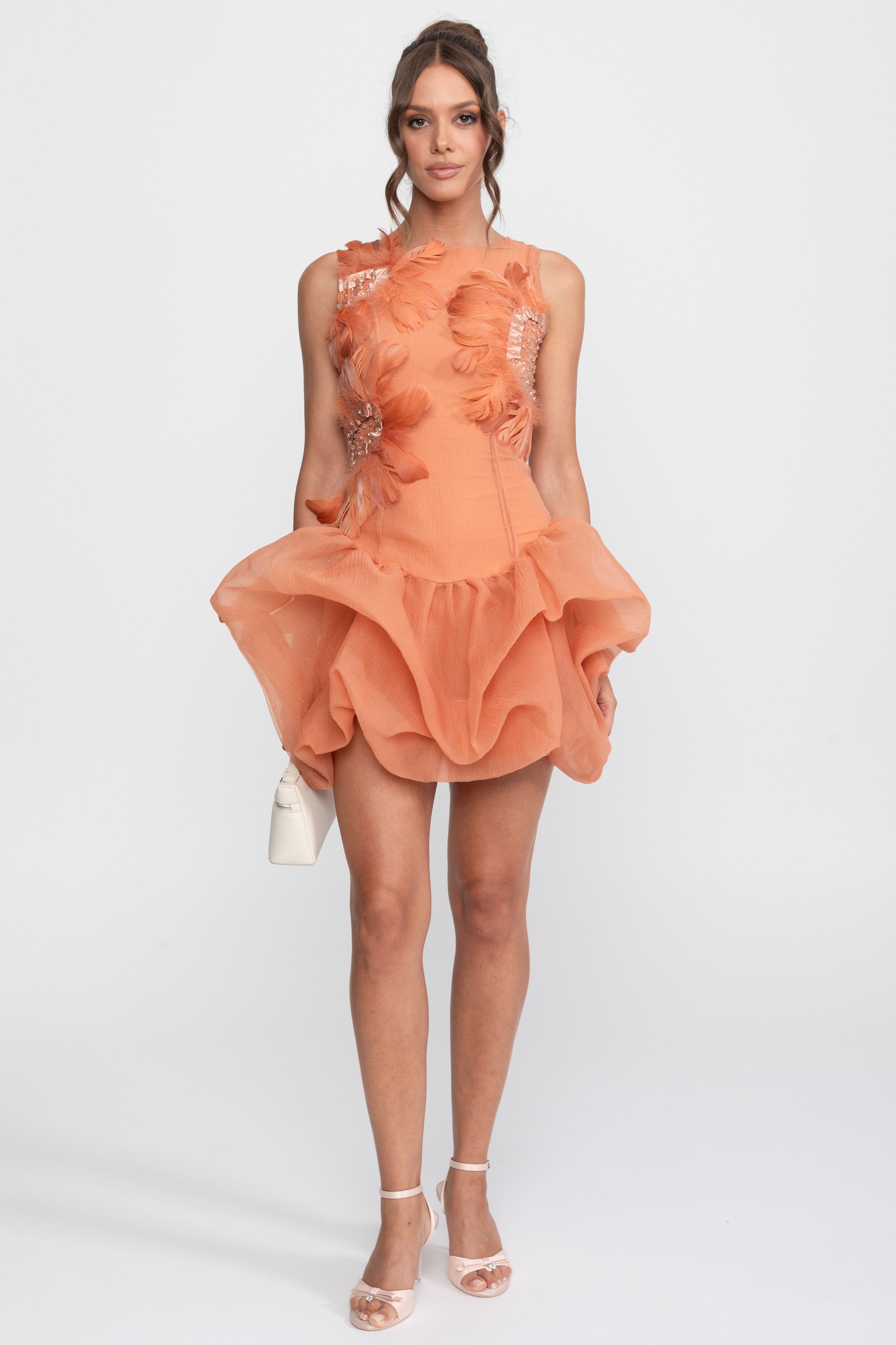 3D Feather Applique Peplum Mini Dress With Crystal Beads - Orange