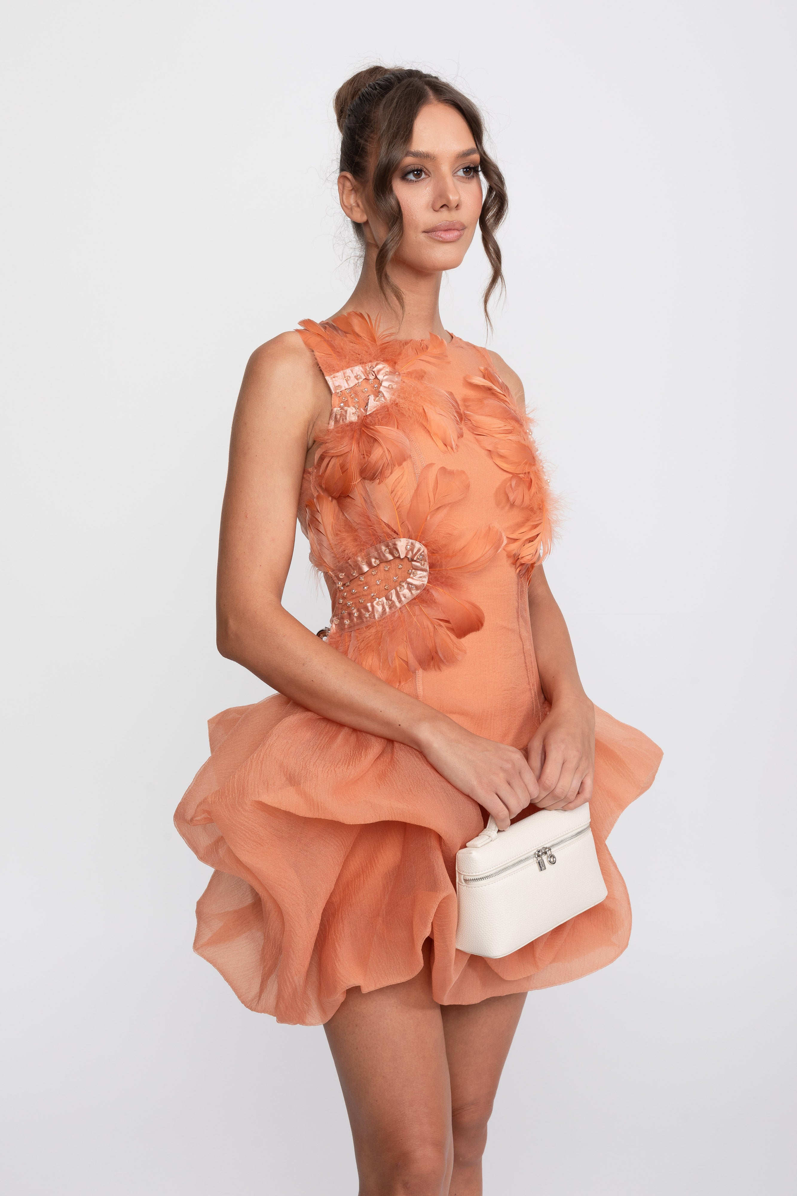 3D Feather Applique Peplum Mini Dress With Crystal Beads - Orange