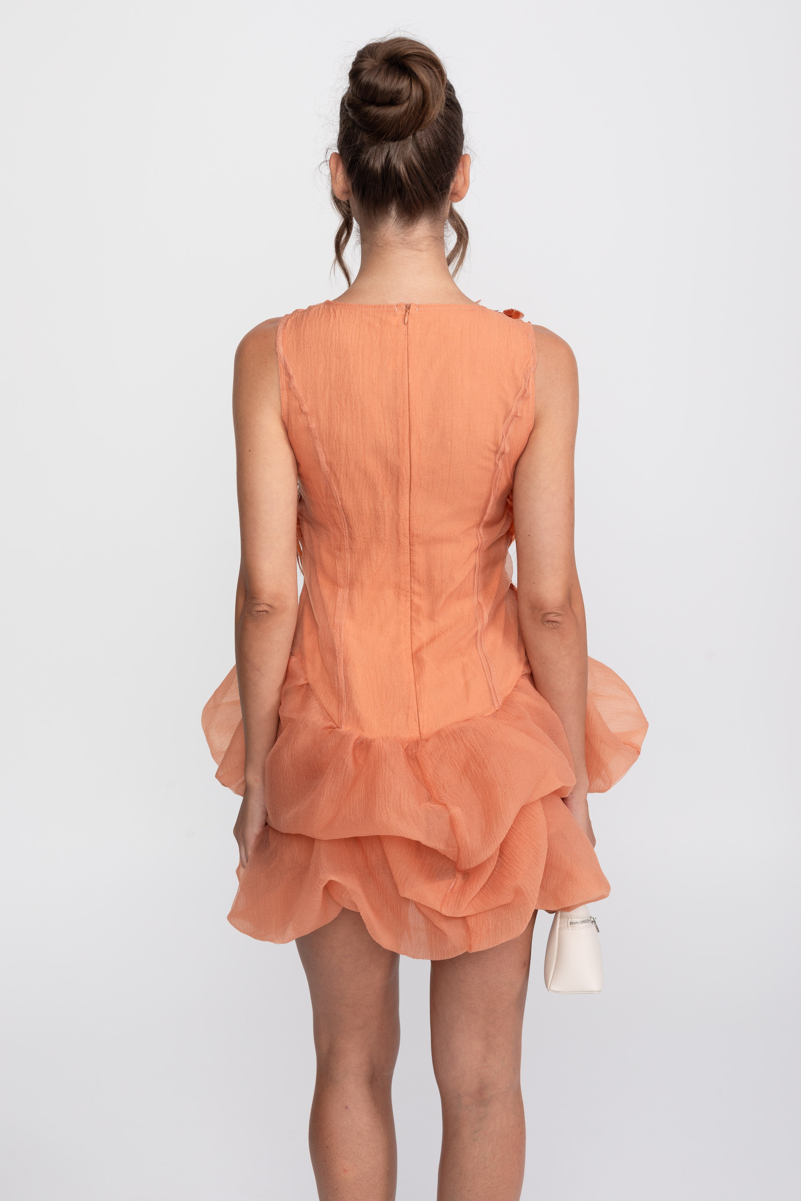 3D Feather Applique Peplum Mini Dress With Crystal Beads - Orange