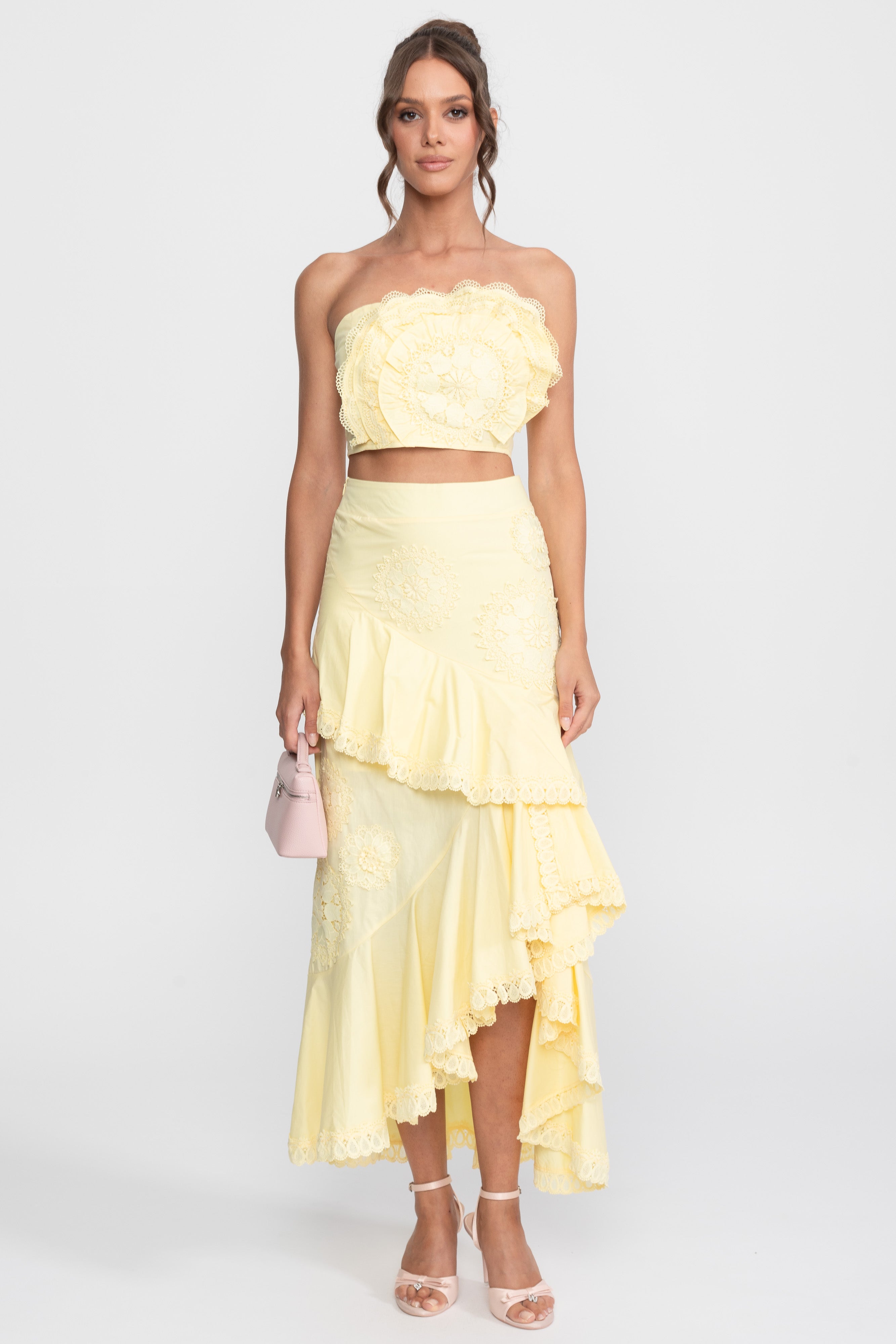 Crochet Medallion Two-Piece Set With Ruffled Maxi Skirt - Yellow