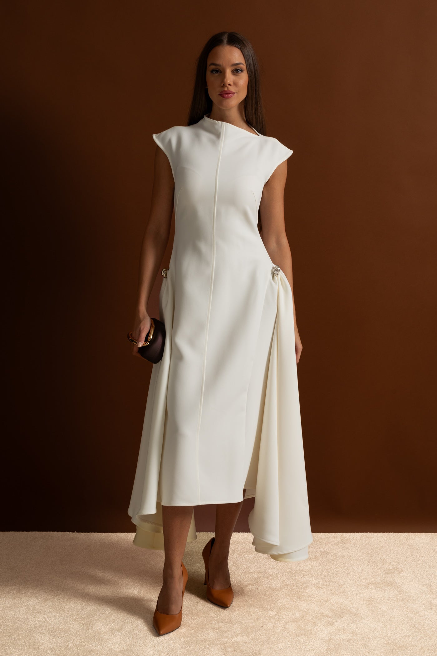 Structured Midi Dress with High-Low Hem and Metal Ring Details - White