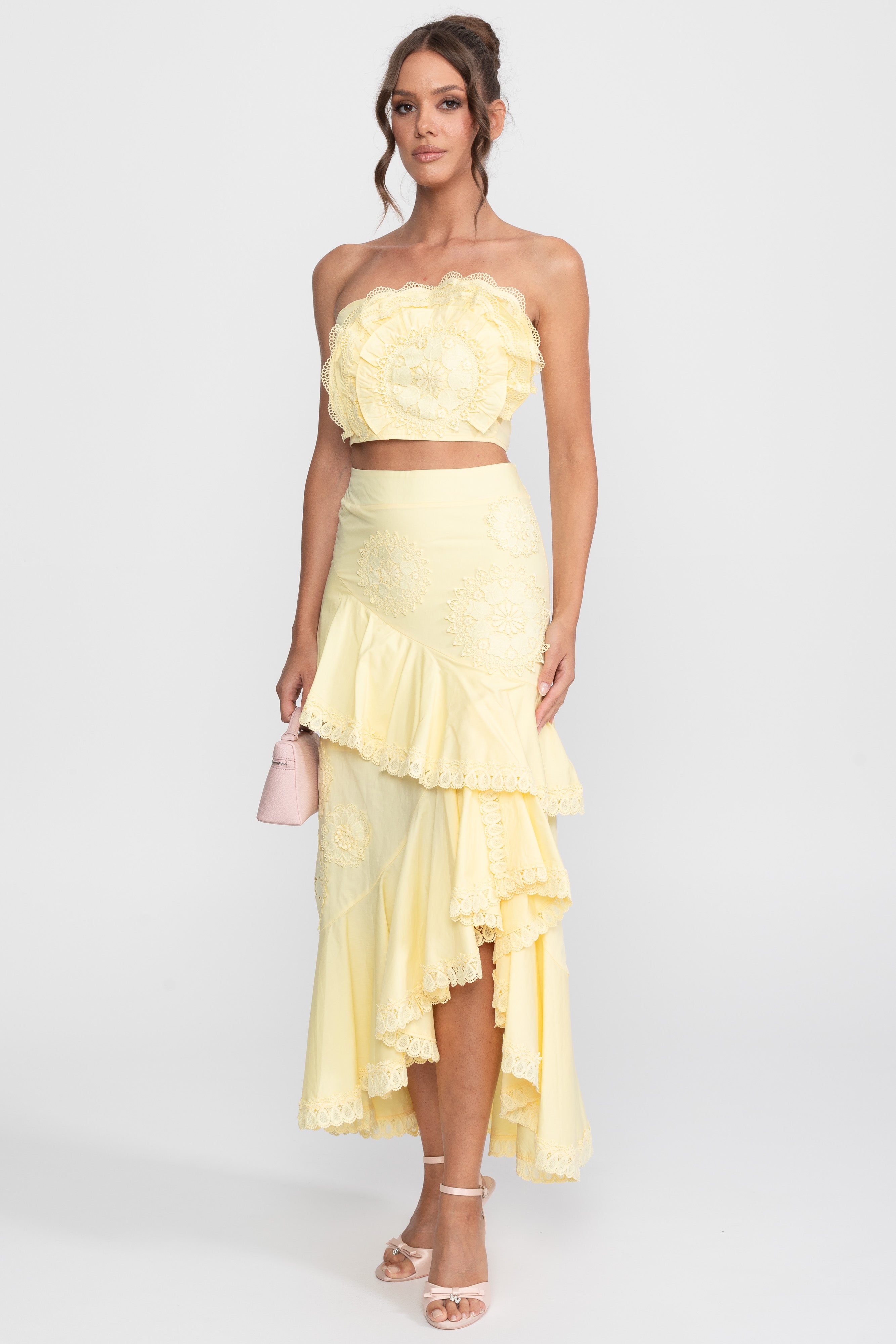 Crochet Medallion Two-Piece Set With Ruffled Maxi Skirt - Yellow