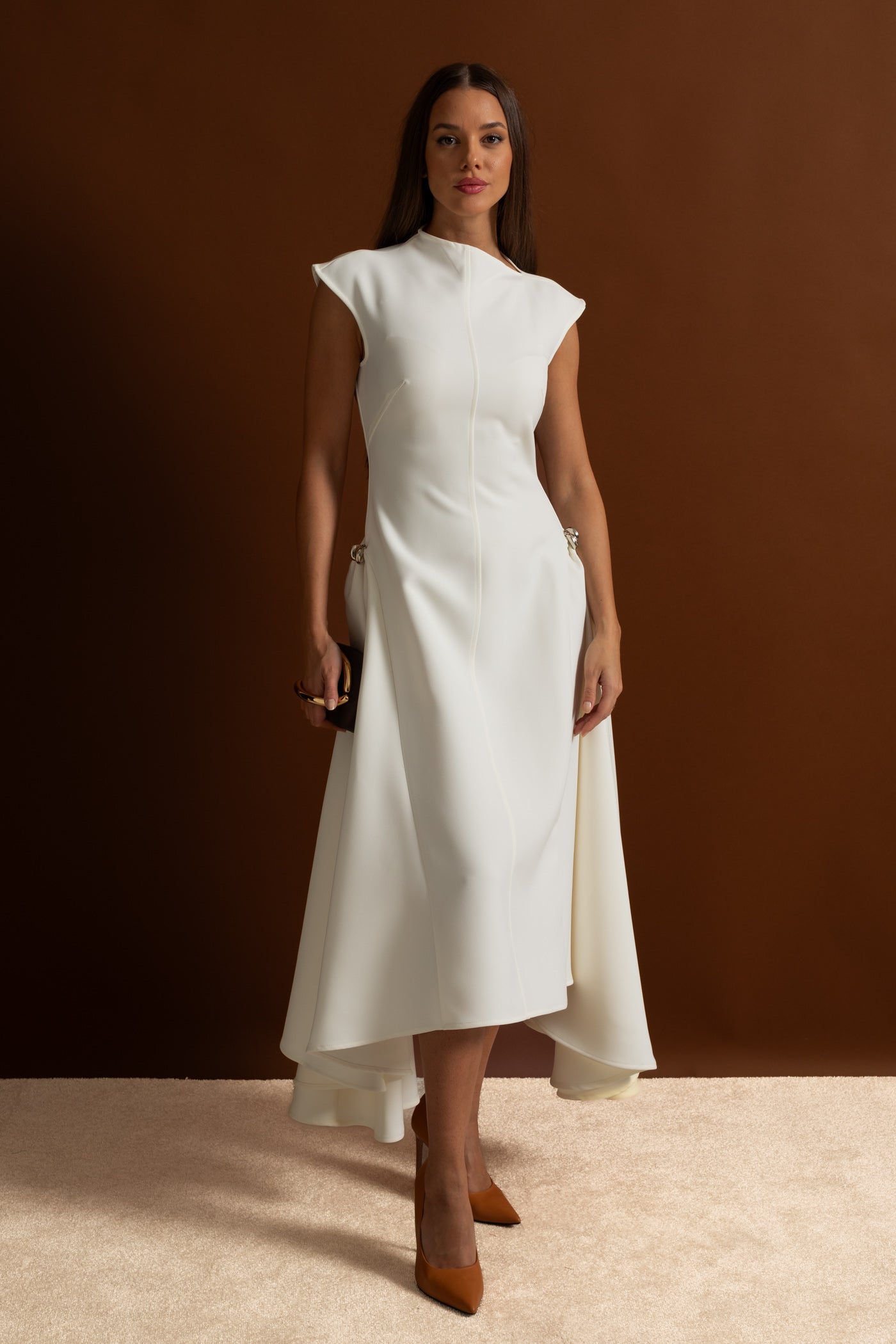 Structured Midi Dress with High-Low Hem and Metal Ring Details - White