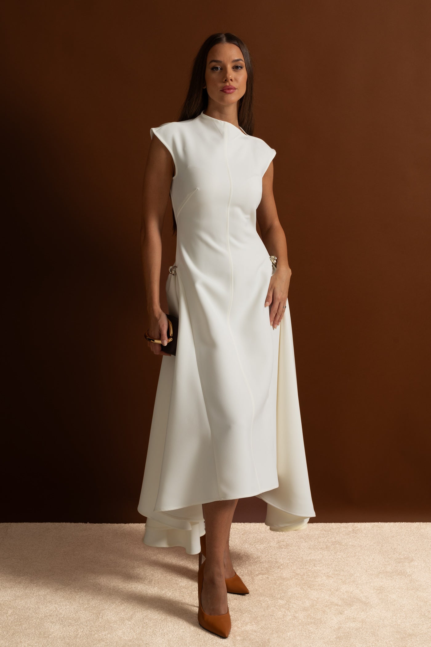 Structured Midi Dress with High-Low Hem and Metal Ring Details - White