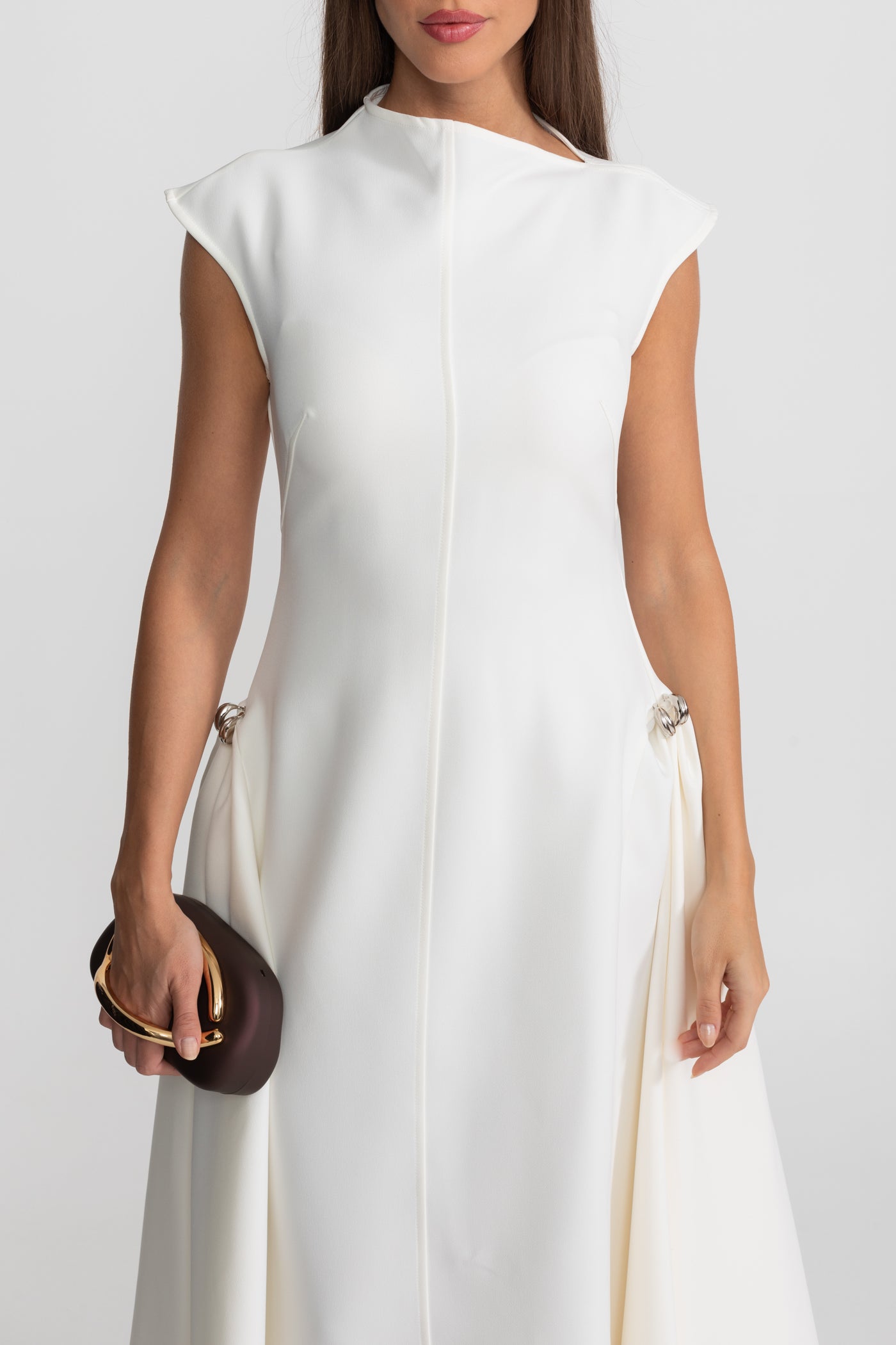 Structured Midi Dress with High-Low Hem and Metal Ring Details - White
