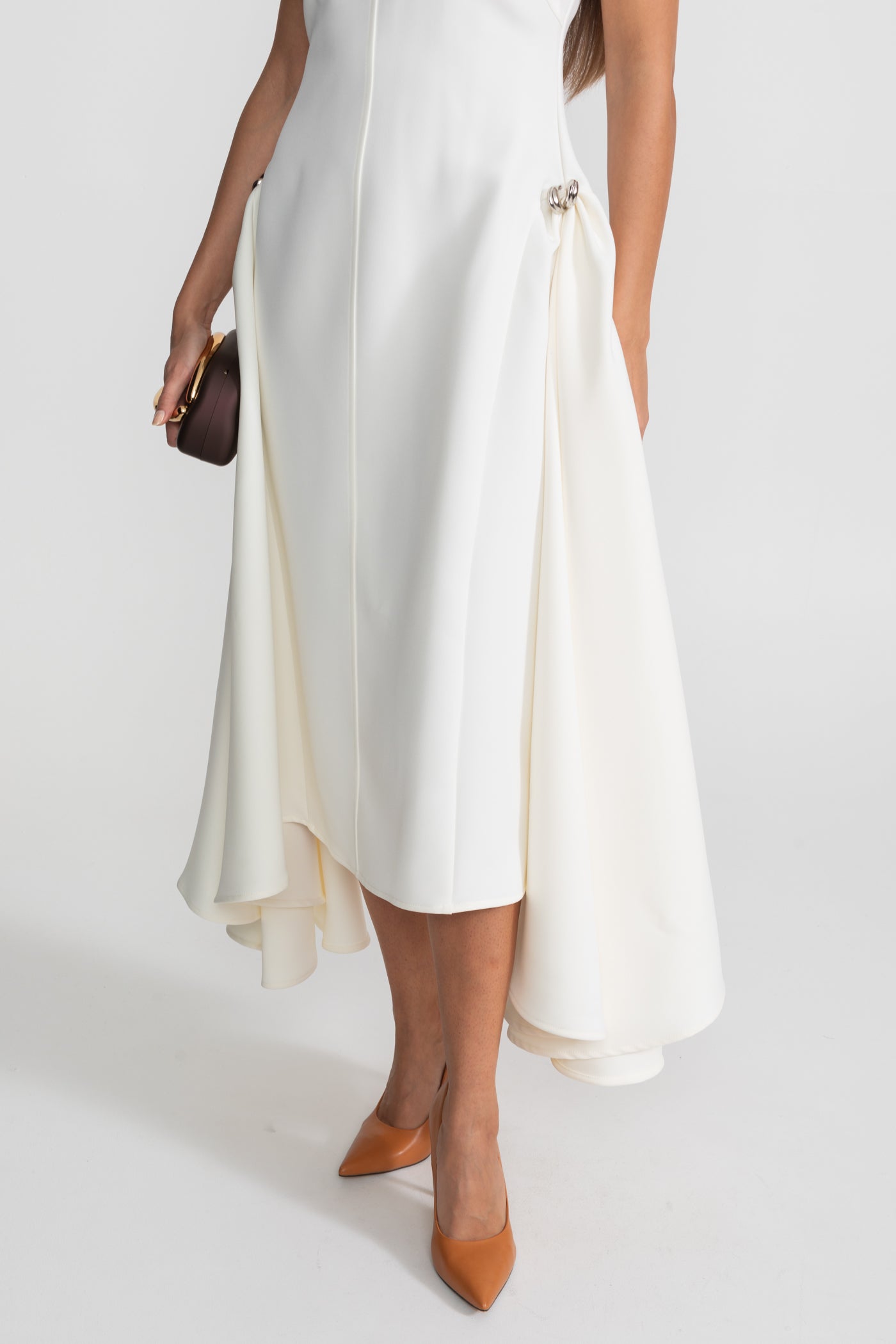 Structured Midi Dress with High-Low Hem and Metal Ring Details - White