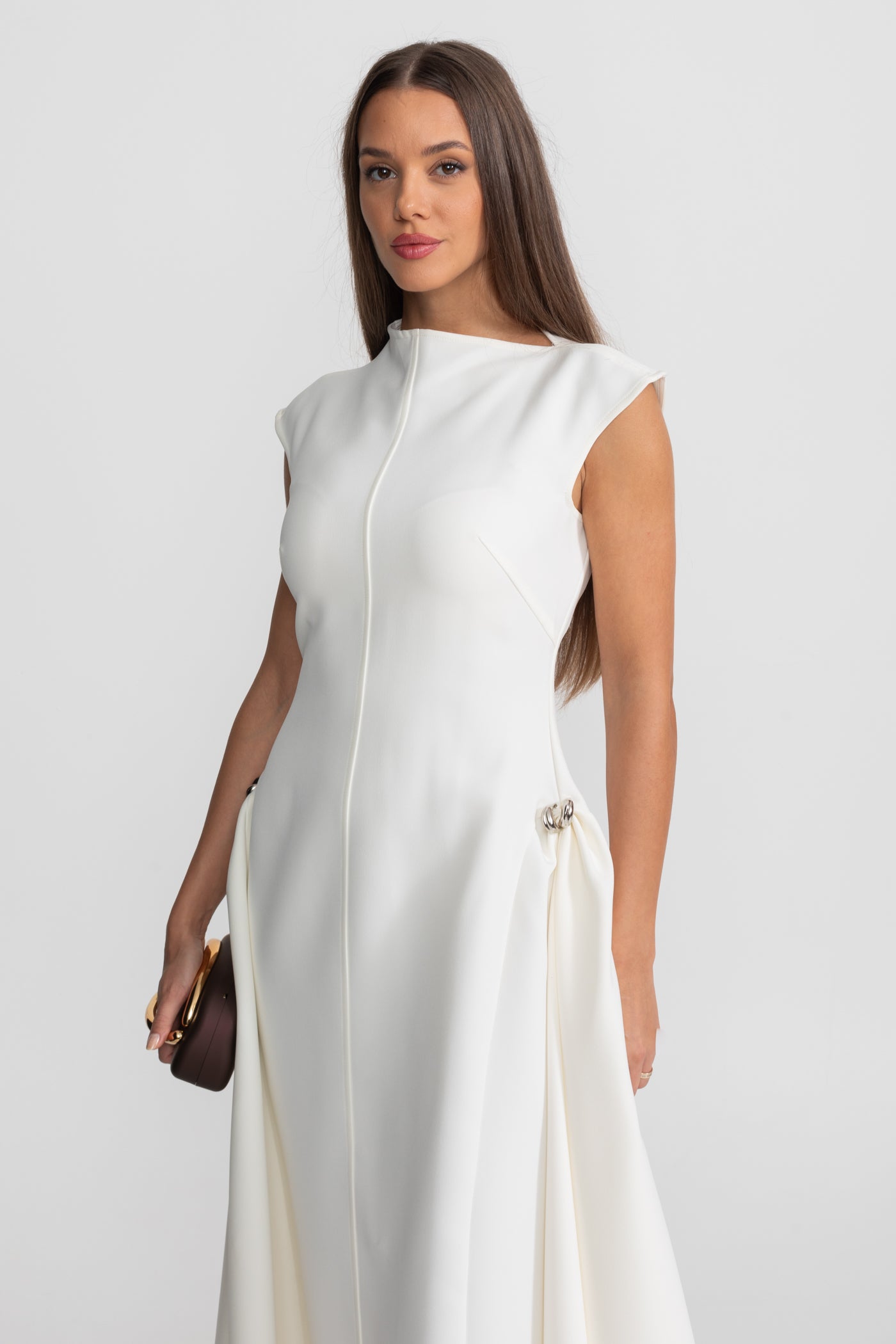 Structured Midi Dress with High-Low Hem and Metal Ring Details - White