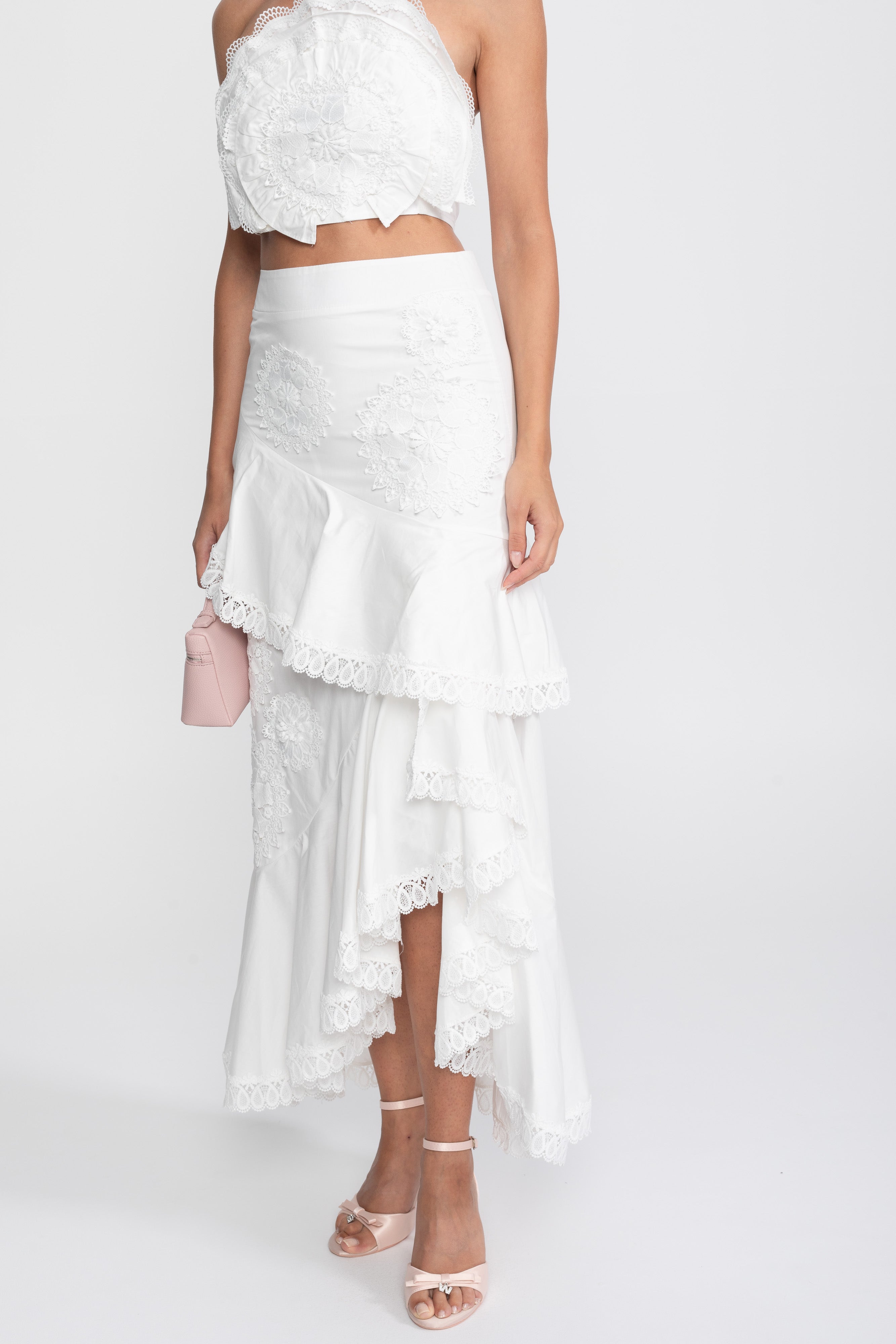 Crochet Medallion Two-Piece Set With Ruffled Maxi Skirt - White