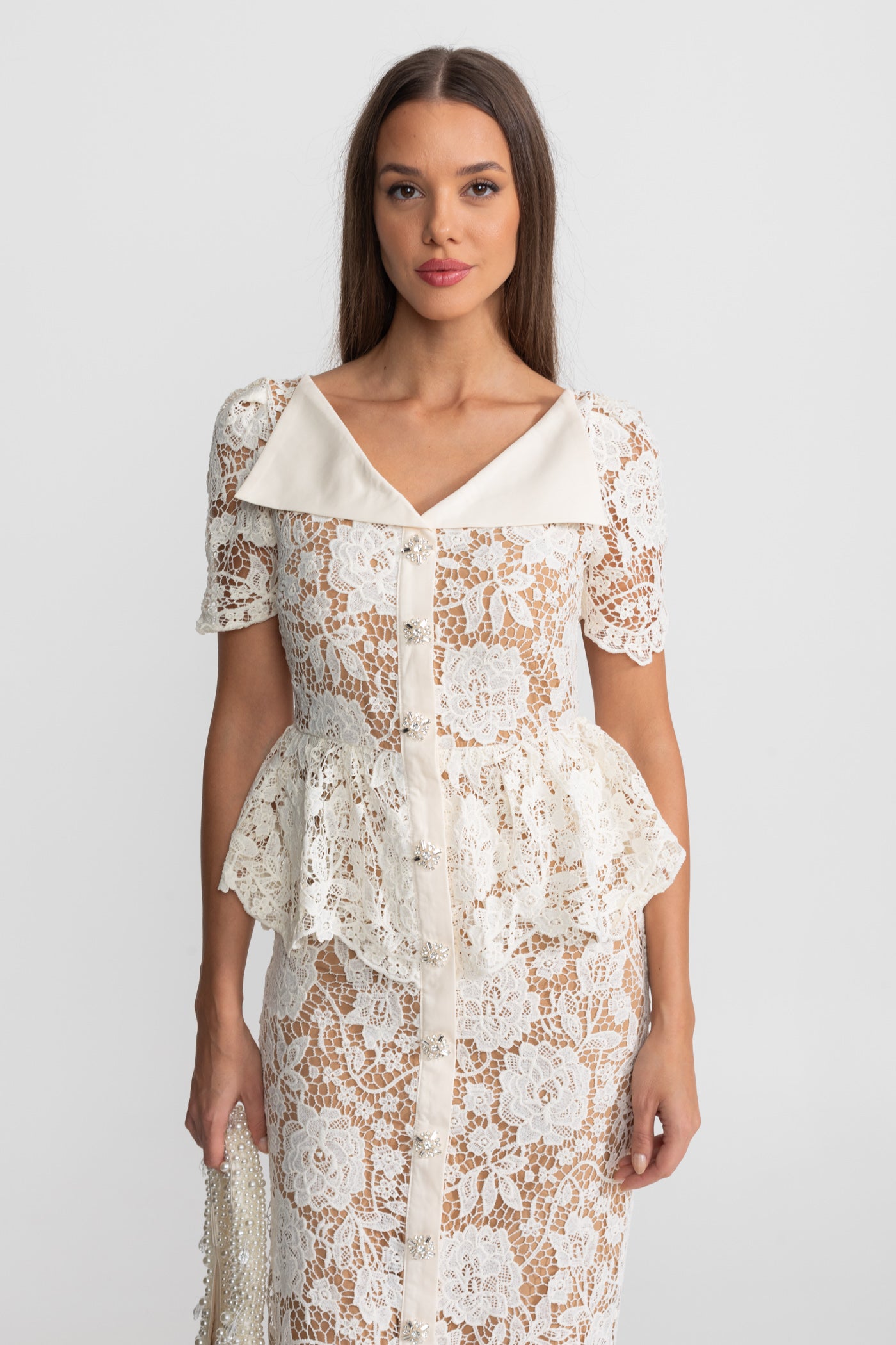 Lace Midi Dress with Peplum Waist and Satin Collar - White