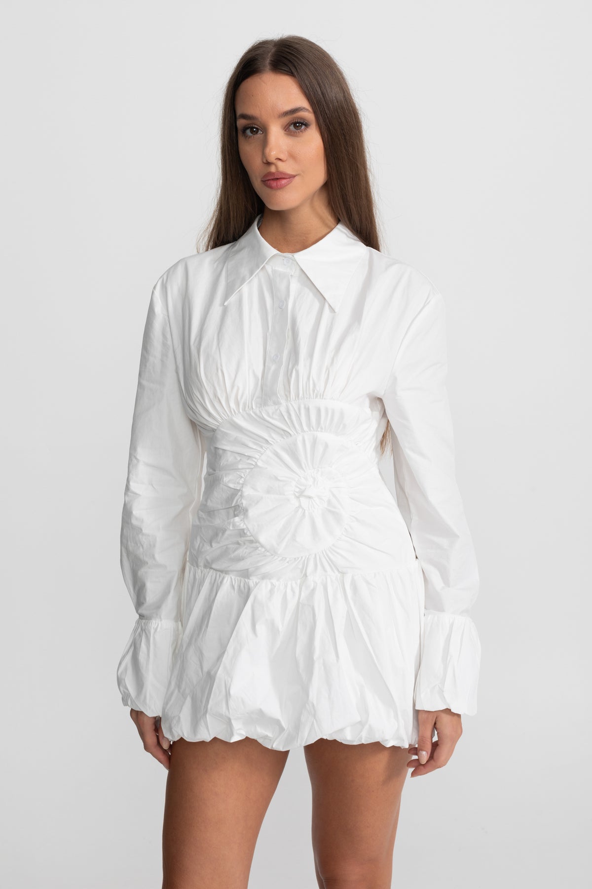 Mini Dress Shirt with Circular Ruched Waist Detail - White