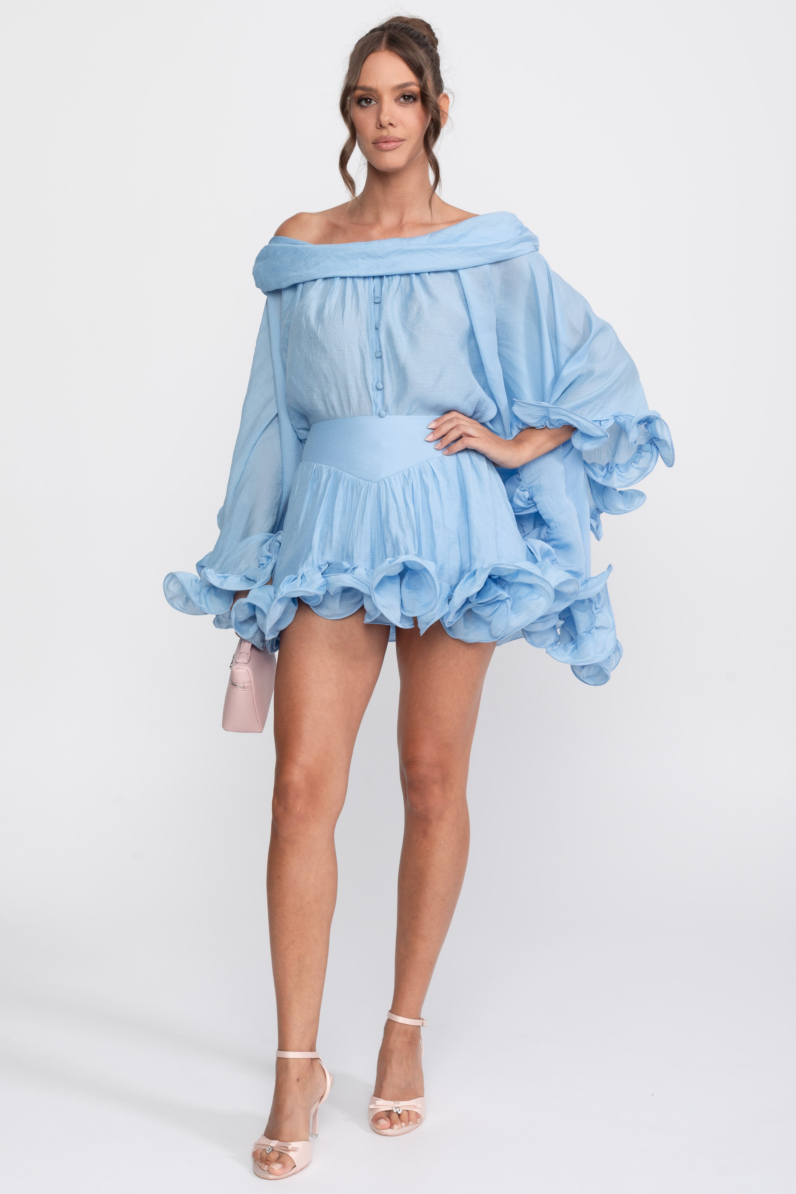 Off-Shoulder Ruffle Hem Mini Dress With Long Sleeves - Light Blue
