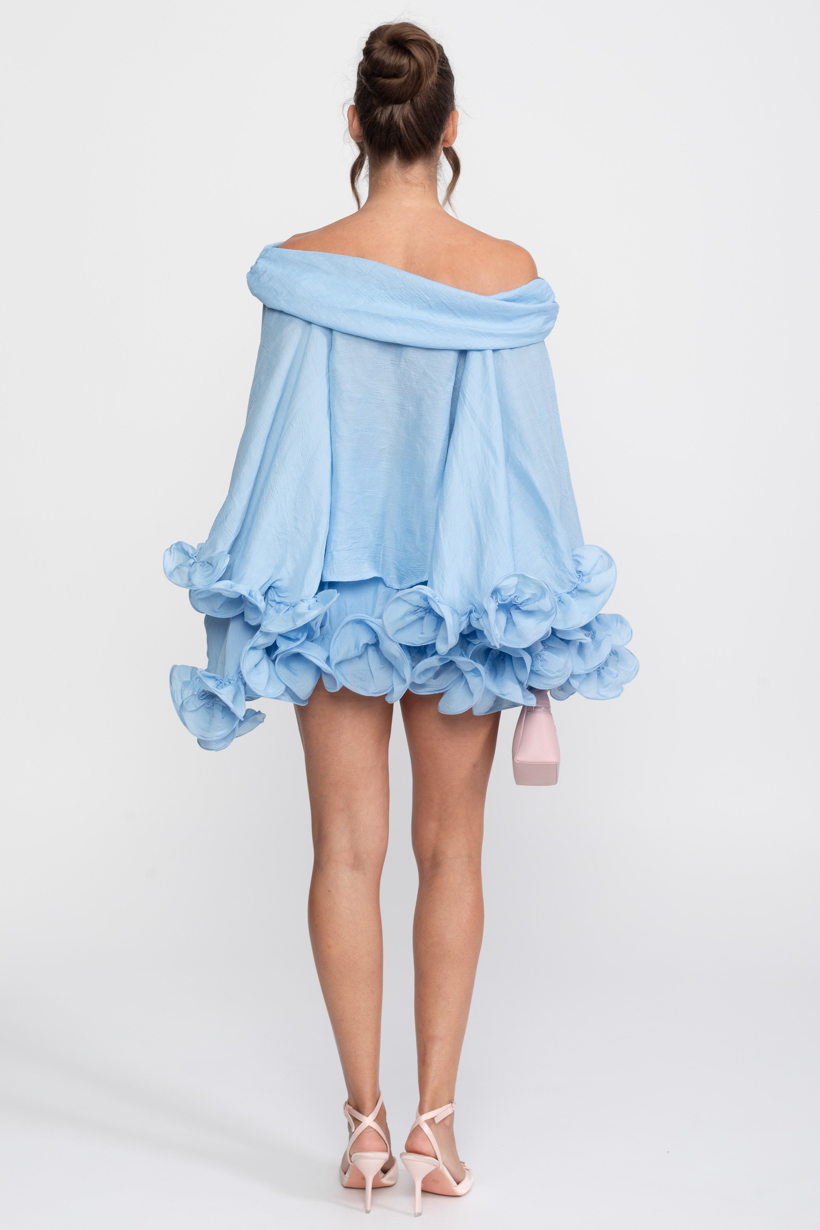 Off-Shoulder Ruffle Hem Mini Dress With Long Sleeves - Light Blue