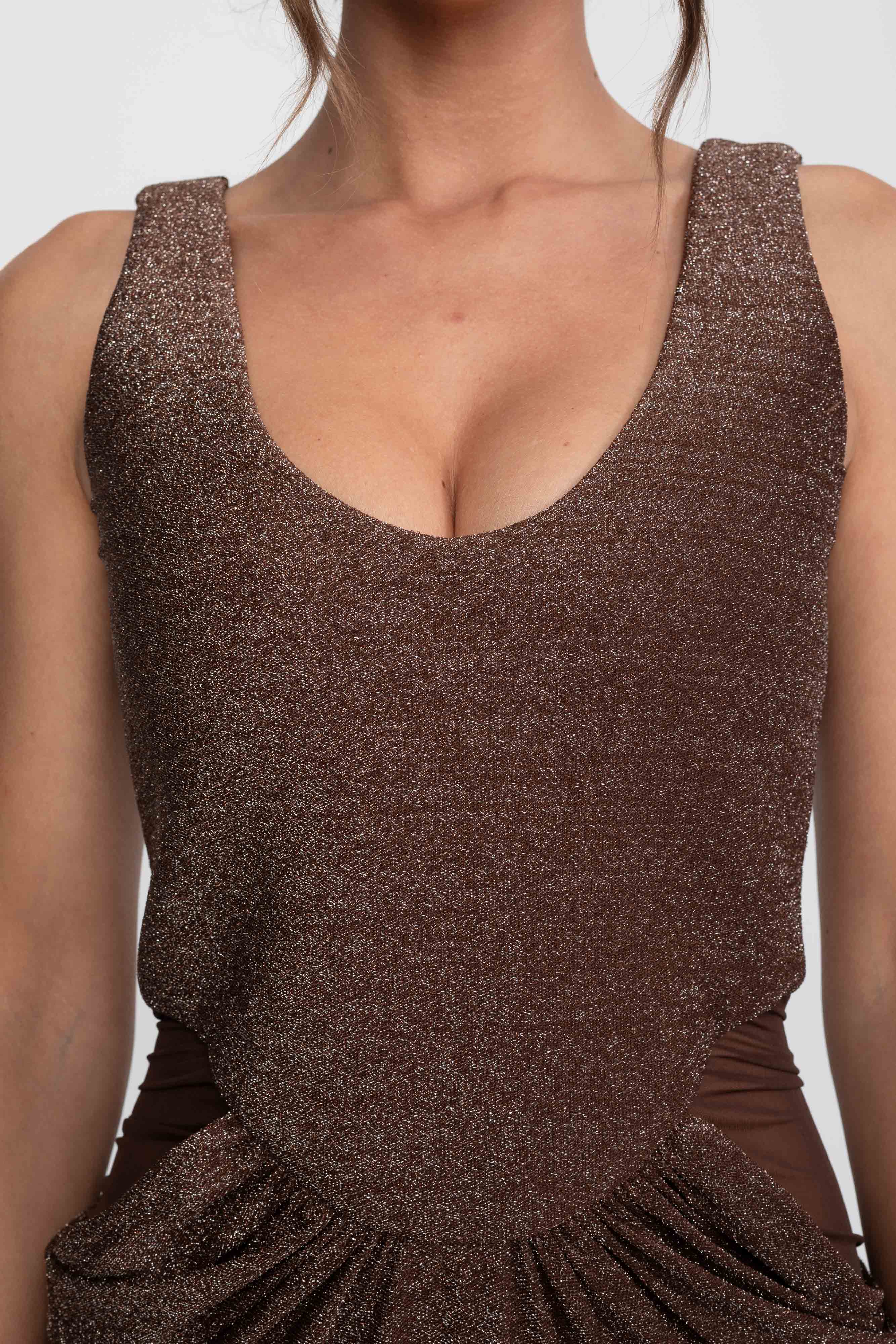 Metallic Knit Cutout Column Gown With Scoop Neck - Coffee