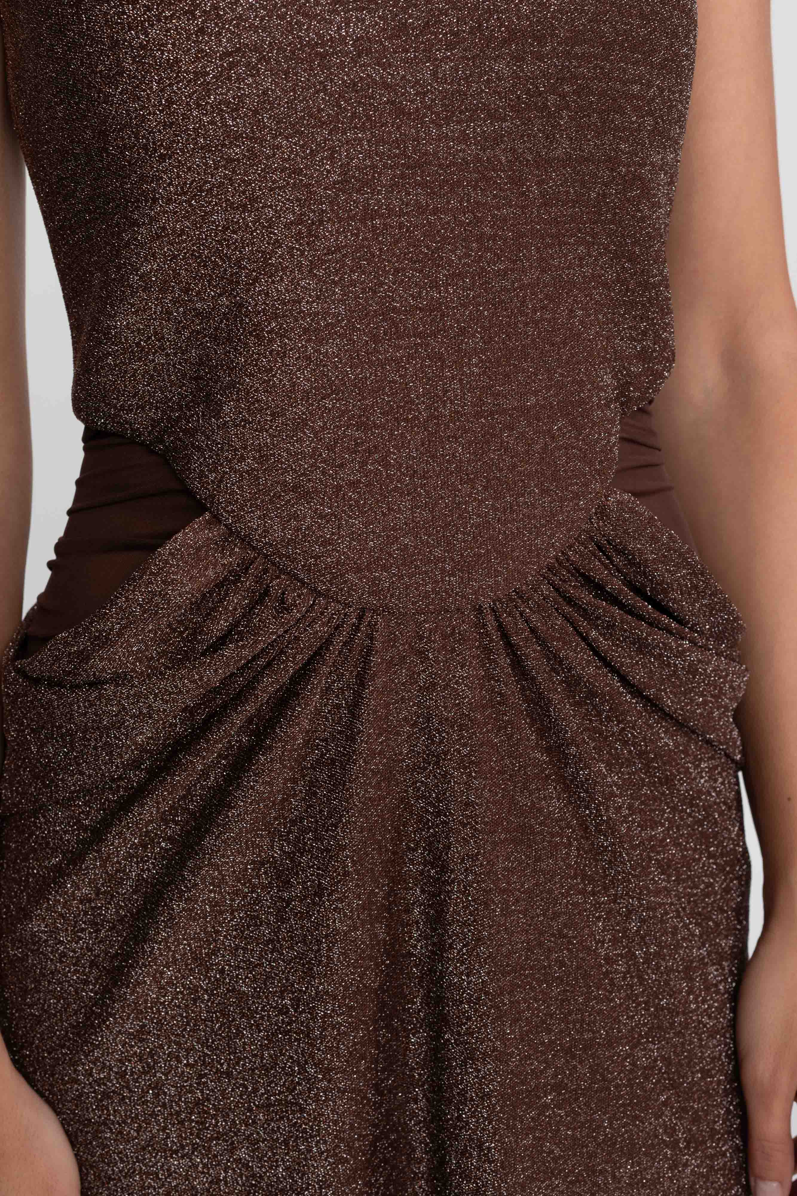 Metallic Knit Cutout Column Gown With Scoop Neck - Coffee
